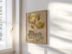 Vintage lotus flower golden beige botanical illustration wall art in black frame 12x12 inch 30x30 cm