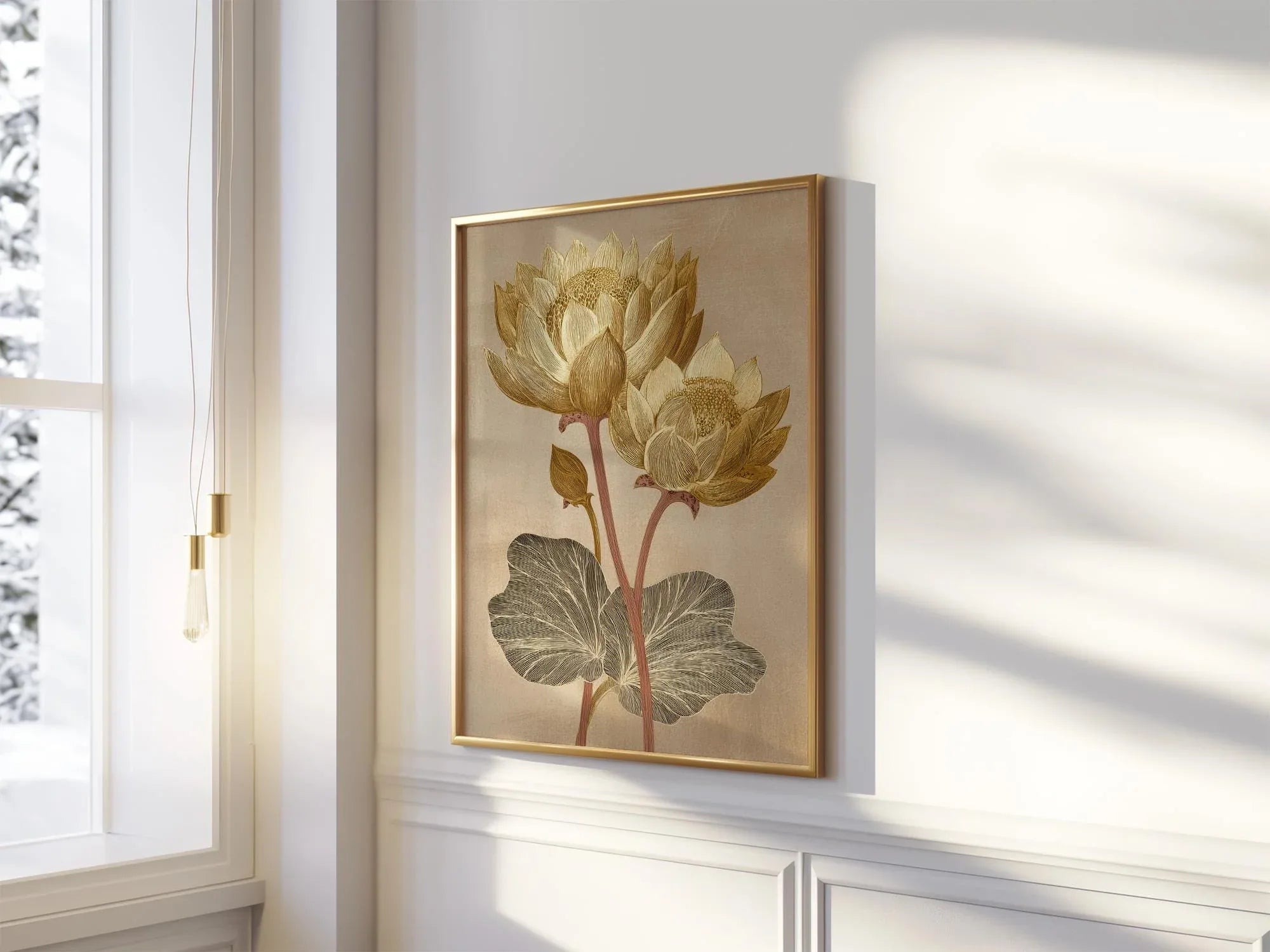 Vintage lotus flower golden beige botanical illustration wall art in black frame 12x12 inch 30x30 cm