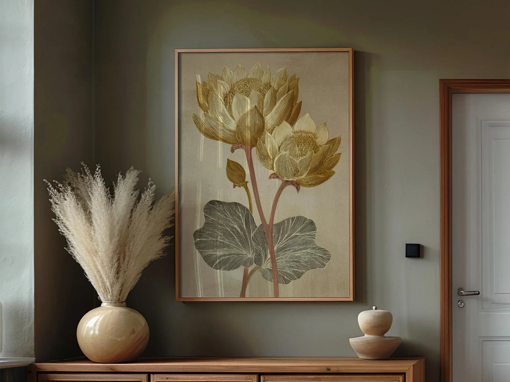 Vintage lotus flower golden beige botanical illustration wall art unframed 12x12 inch 30x30 cm