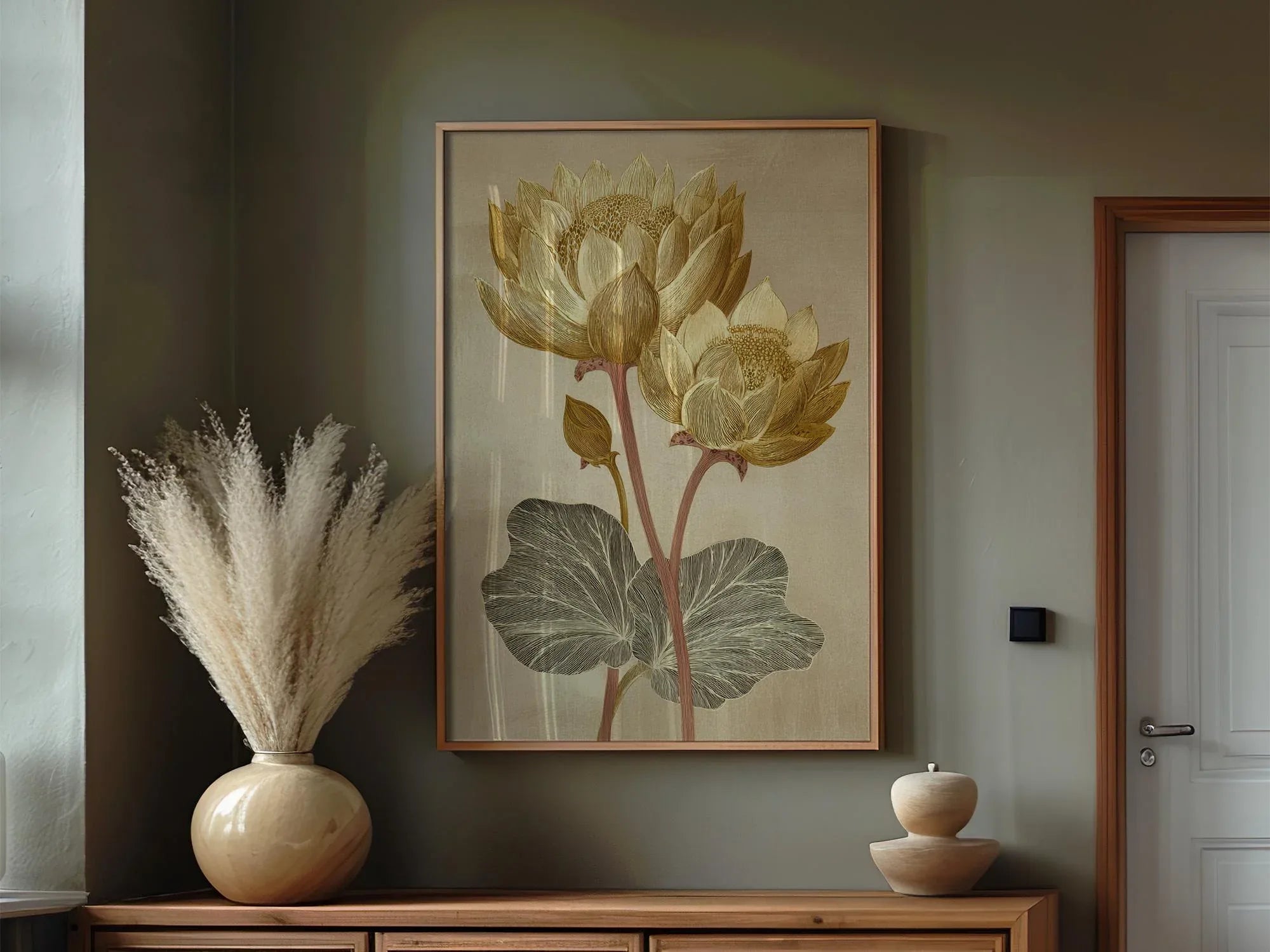 Vintage lotus flower golden beige botanical illustration wall art unframed 12x12 inch 30x30 cm