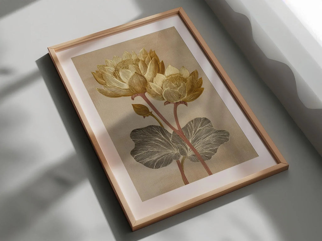 Vintage lotus flower golden beige botanical illustration wall art in white frame 12x12 inch 30x30 cm