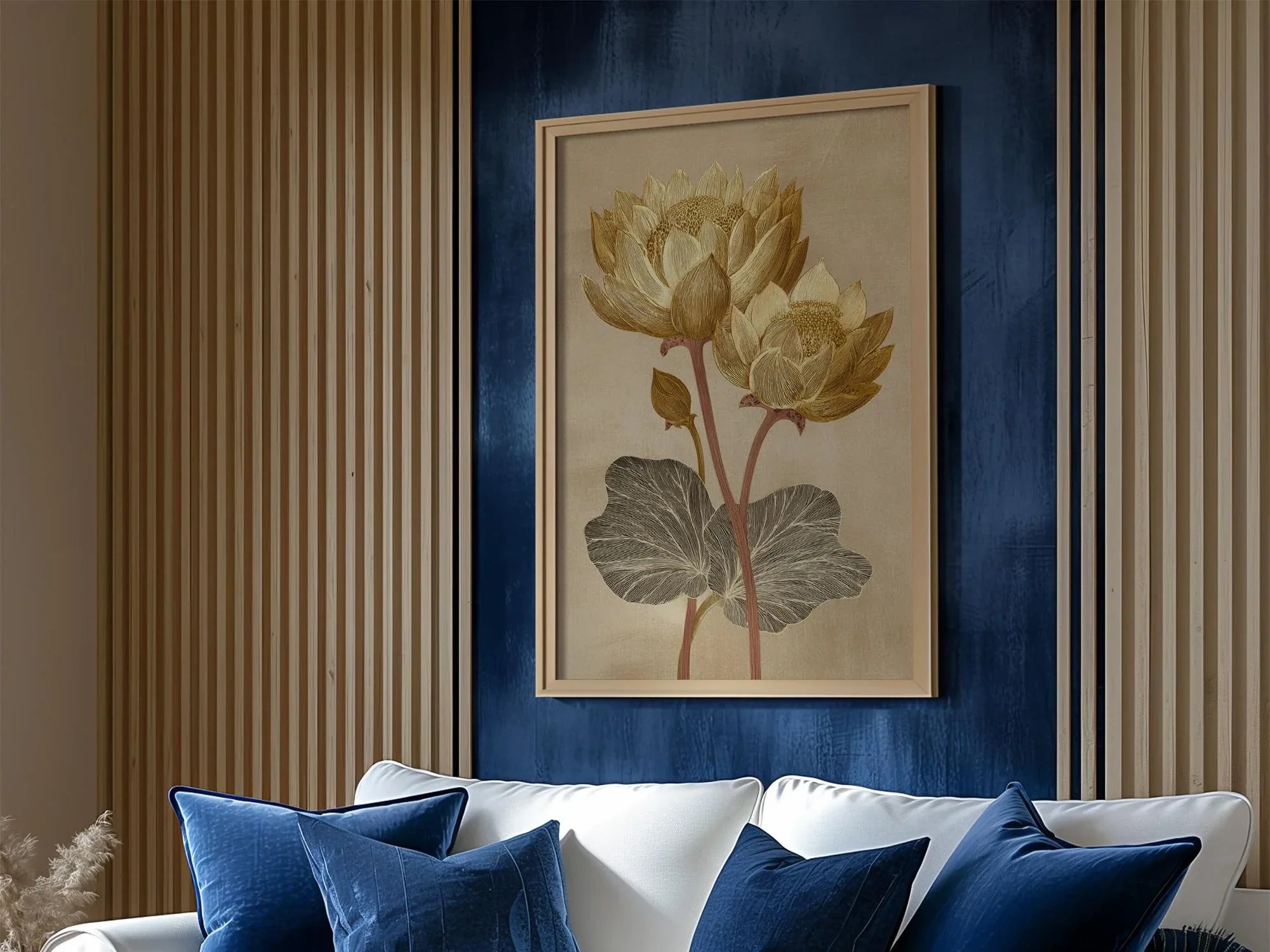 Vintage lotus flower golden beige botanical illustration wall art in black frame 12x18 inch 30x45 cm