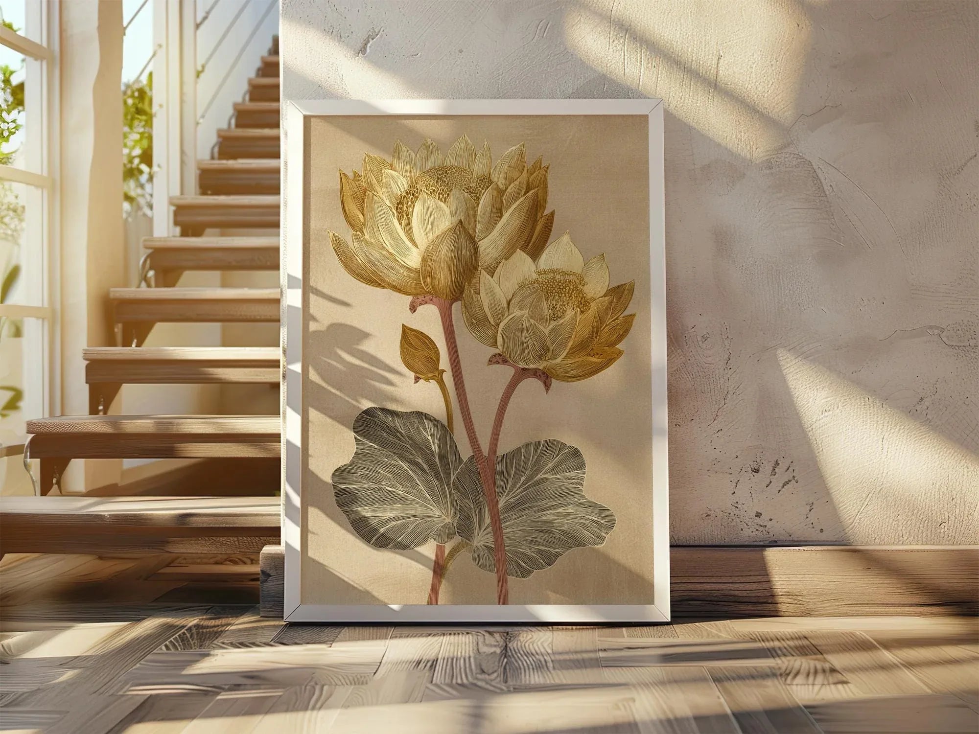 Vintage lotus flower golden beige botanical illustration wall art in dark wood frame 12x18 inch 3...