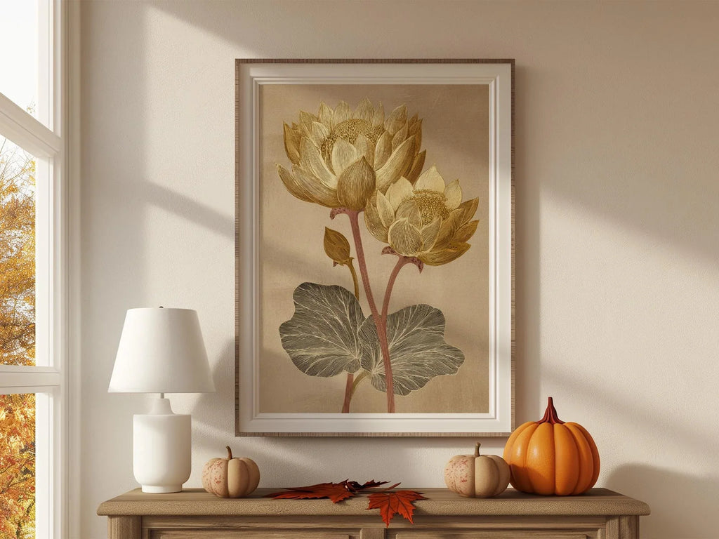 Vintage lotus flower golden beige botanical illustration wall art in natural wood frame 12x18 inc...