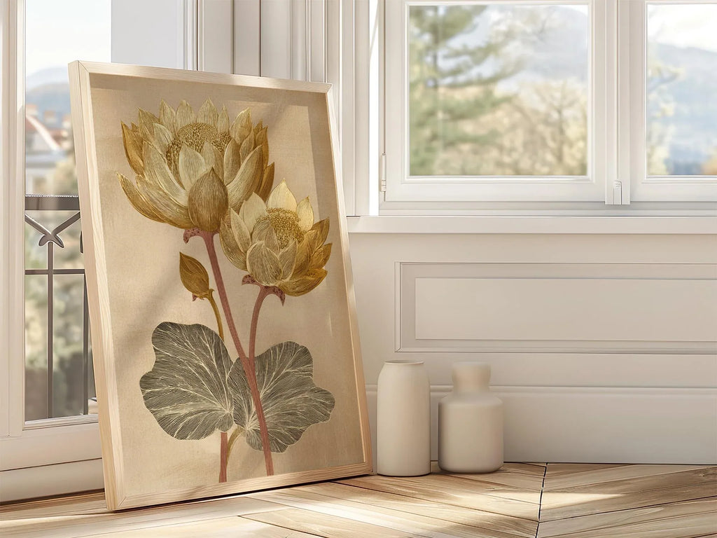 Vintage lotus flower golden beige botanical illustration wall art unframed 12x18 inch 30x45 cm