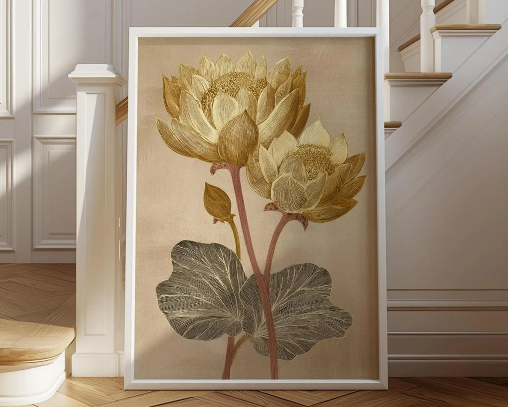 Vintage lotus flower golden beige botanical illustration wall art in natural wood frame 12x12 inc...