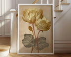 Vintage lotus flower golden beige botanical illustration wall art in natural wood frame 12x12 inc...