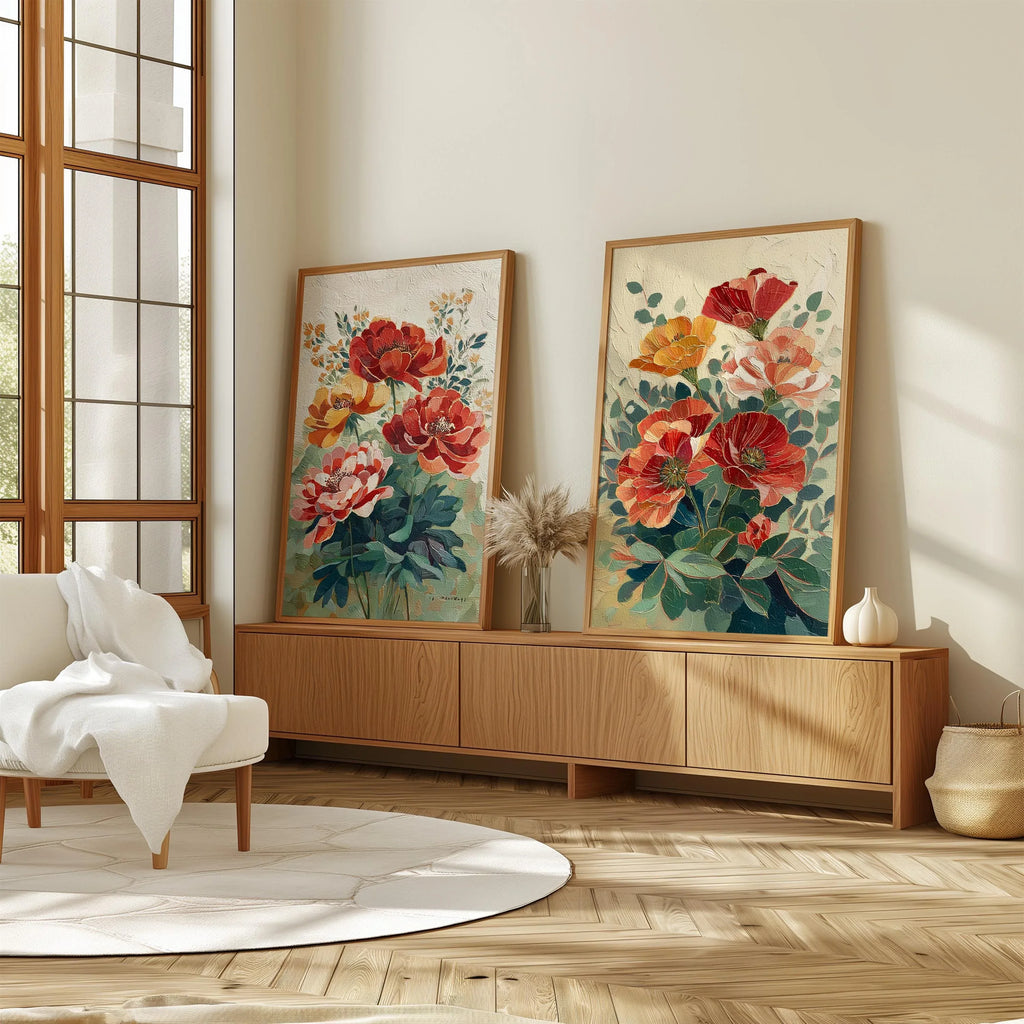 Vintage poppy botanical illustration cottage garden wall art set of 2 in black frame 12x12 inch 3...