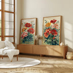 Vintage poppy botanical illustration cottage garden wall art set of 2 in black frame 12x12 inch 3...