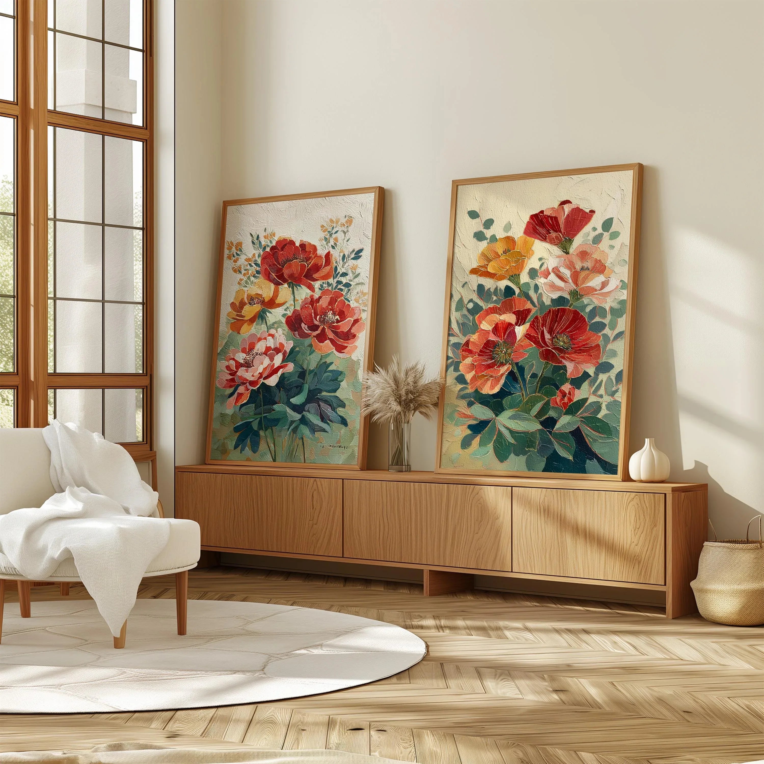 Vintage poppy botanical illustration cottage garden wall art set of 2 in black frame 12x12 inch 3...