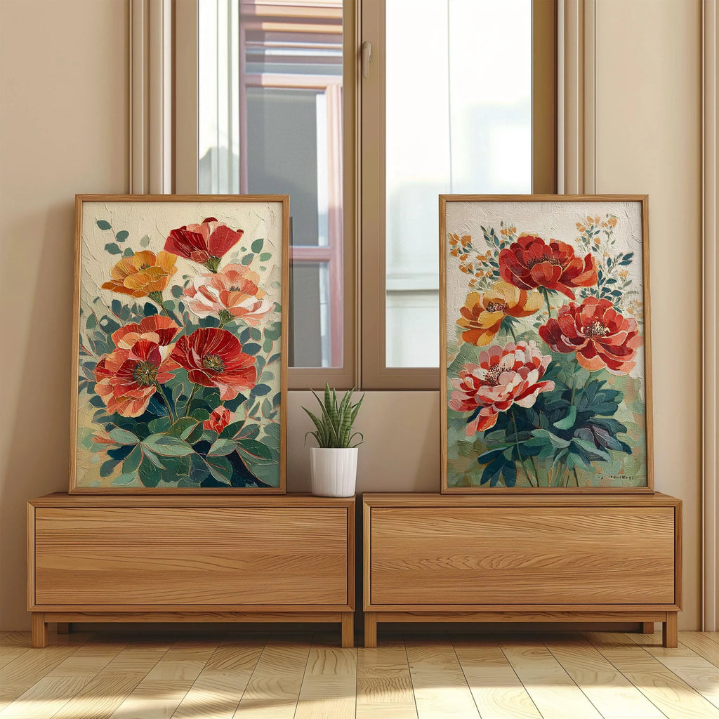 Vintage poppy botanical illustration cottage garden wall art set of 2 in dark wood frame 12x12 in...