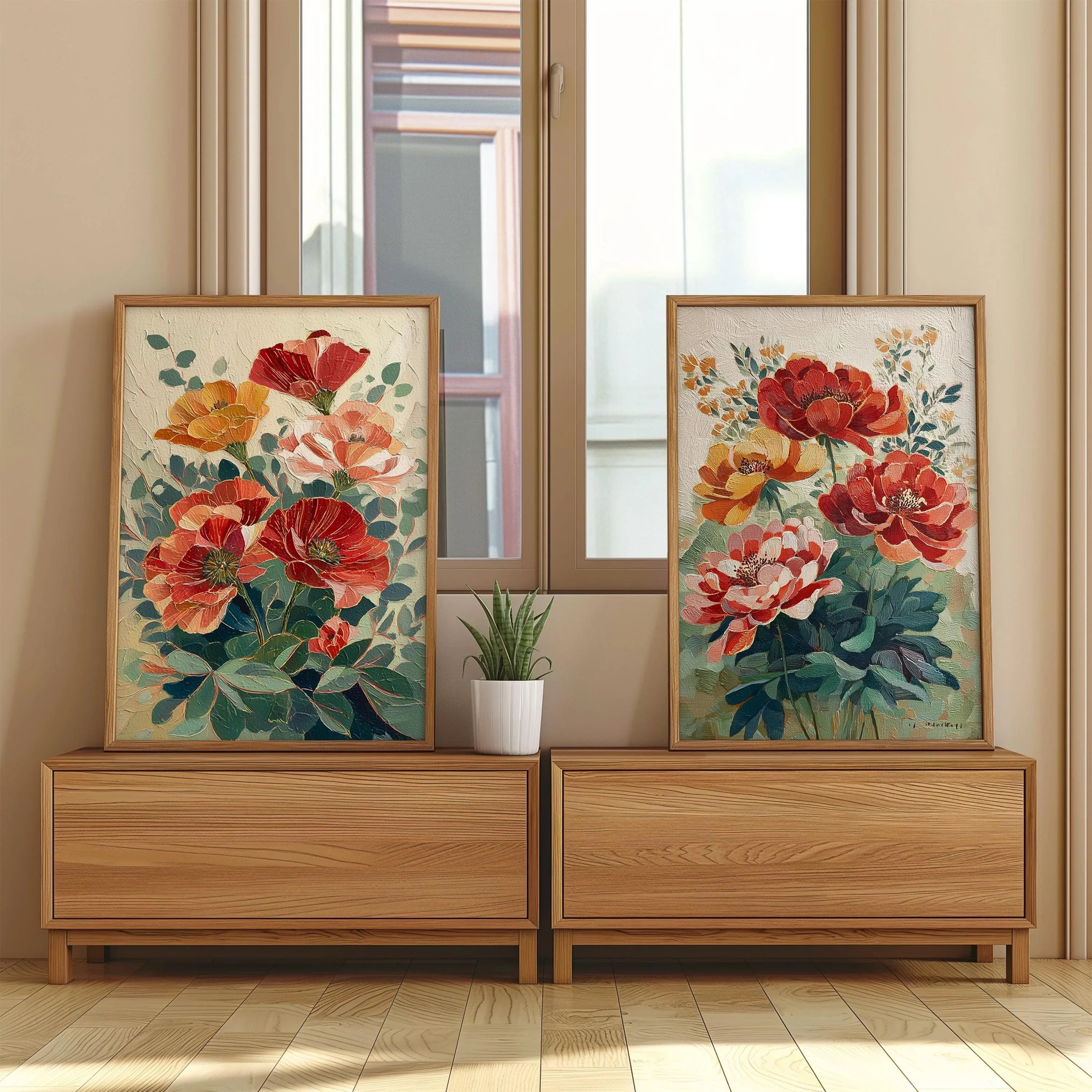 Vintage poppy botanical illustration cottage garden wall art set of 2 in dark wood frame 12x12 in...