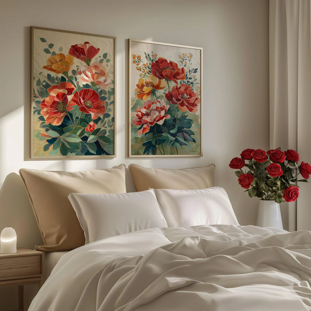 Vintage poppy botanical illustration cottage garden wall art set of 2 in white frame 12x12 inch 3...