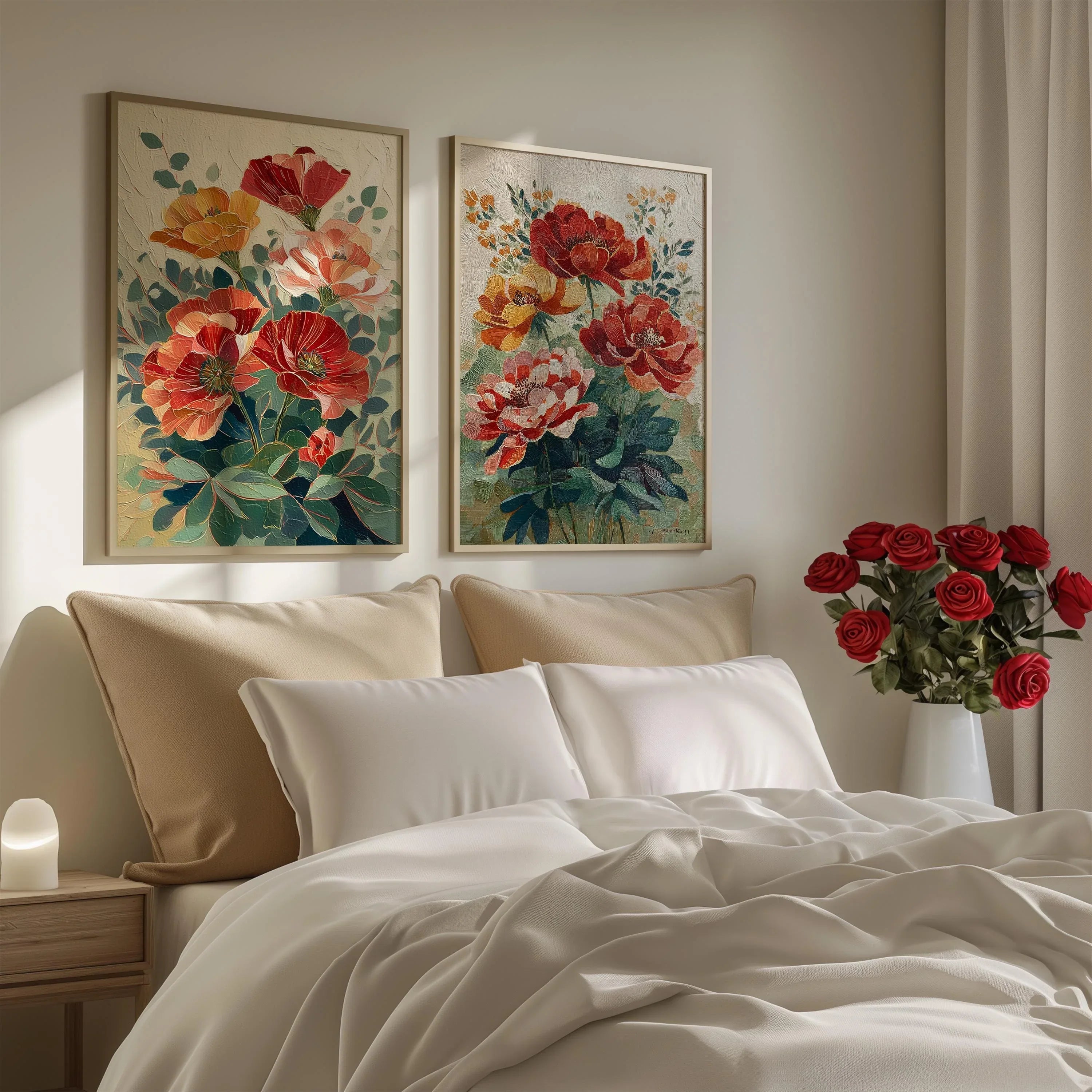 Vintage poppy botanical illustration cottage garden wall art set of 2 in white frame 12x12 inch 3...