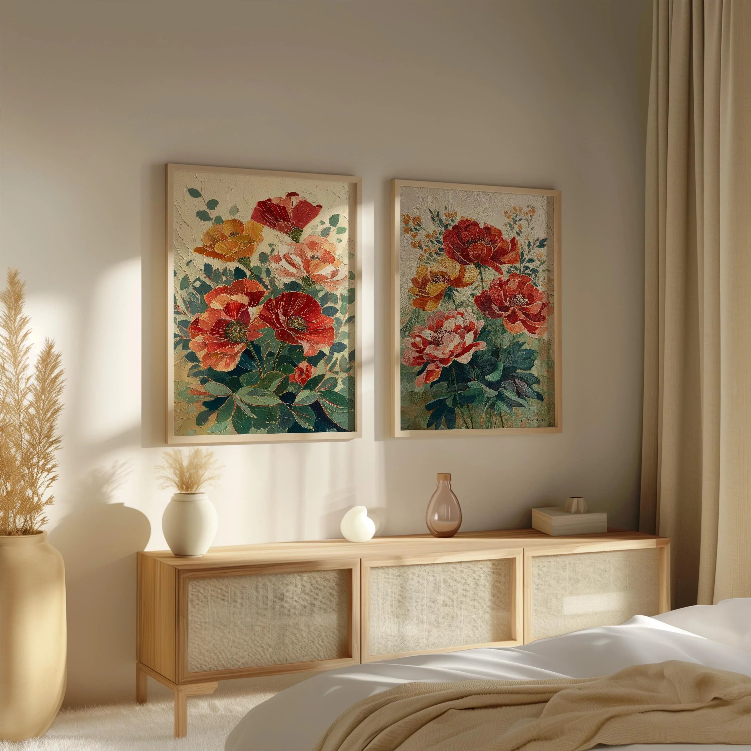 Vintage poppy botanical illustration cottage garden wall art set of 2 in black frame 12x18 inch 3...