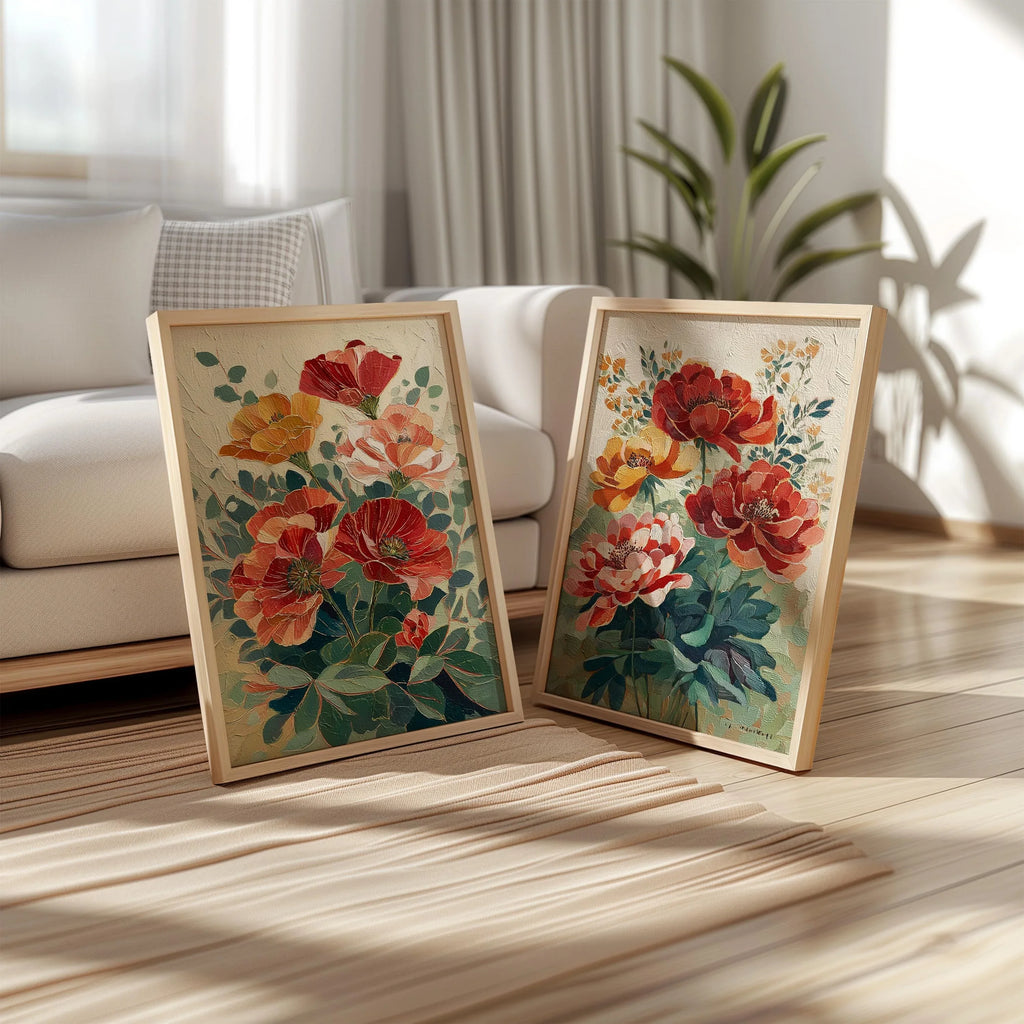 Vintage poppy botanical illustration cottage garden wall art set of 2 in dark wood frame 12x18 in...