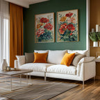 Vintage poppy botanical illustration cottage garden wall art set of 2 in natural wood frame 12x18...