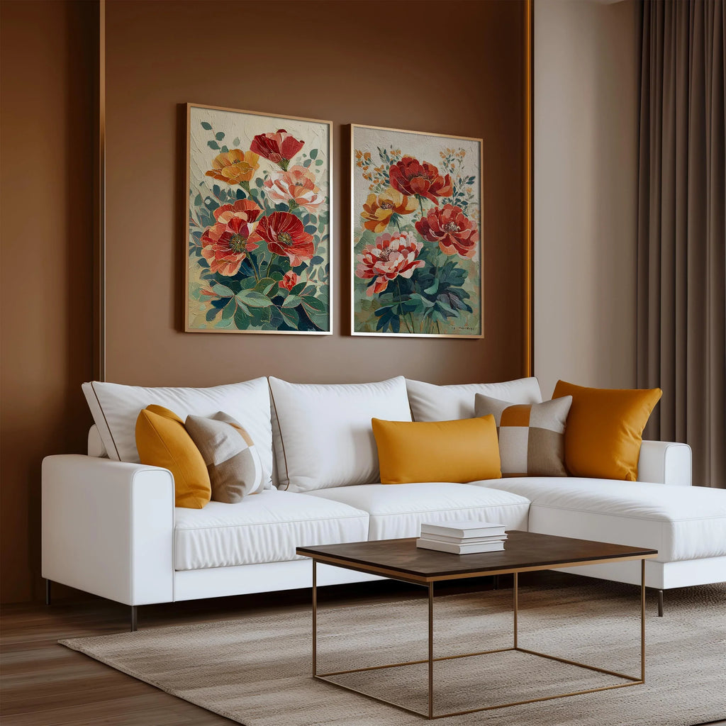 Vintage poppy botanical illustration cottage garden wall art set of 2 unframed 12x18 inch 30x45 cm