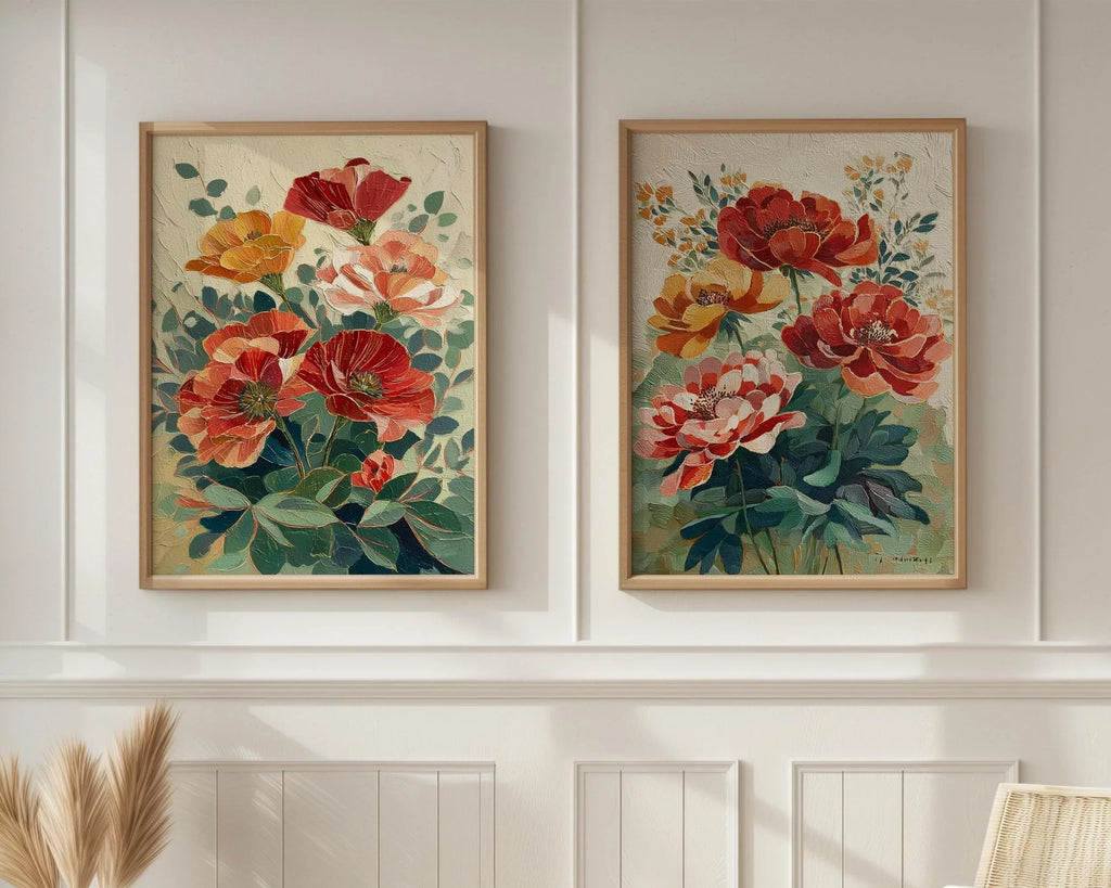 Vintage poppy botanical illustration cottage garden wall art set of 2 in natural wood frame 12x12...