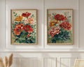 Vintage poppy botanical illustration cottage garden wall art set of 2 in natural wood frame 12x12...
