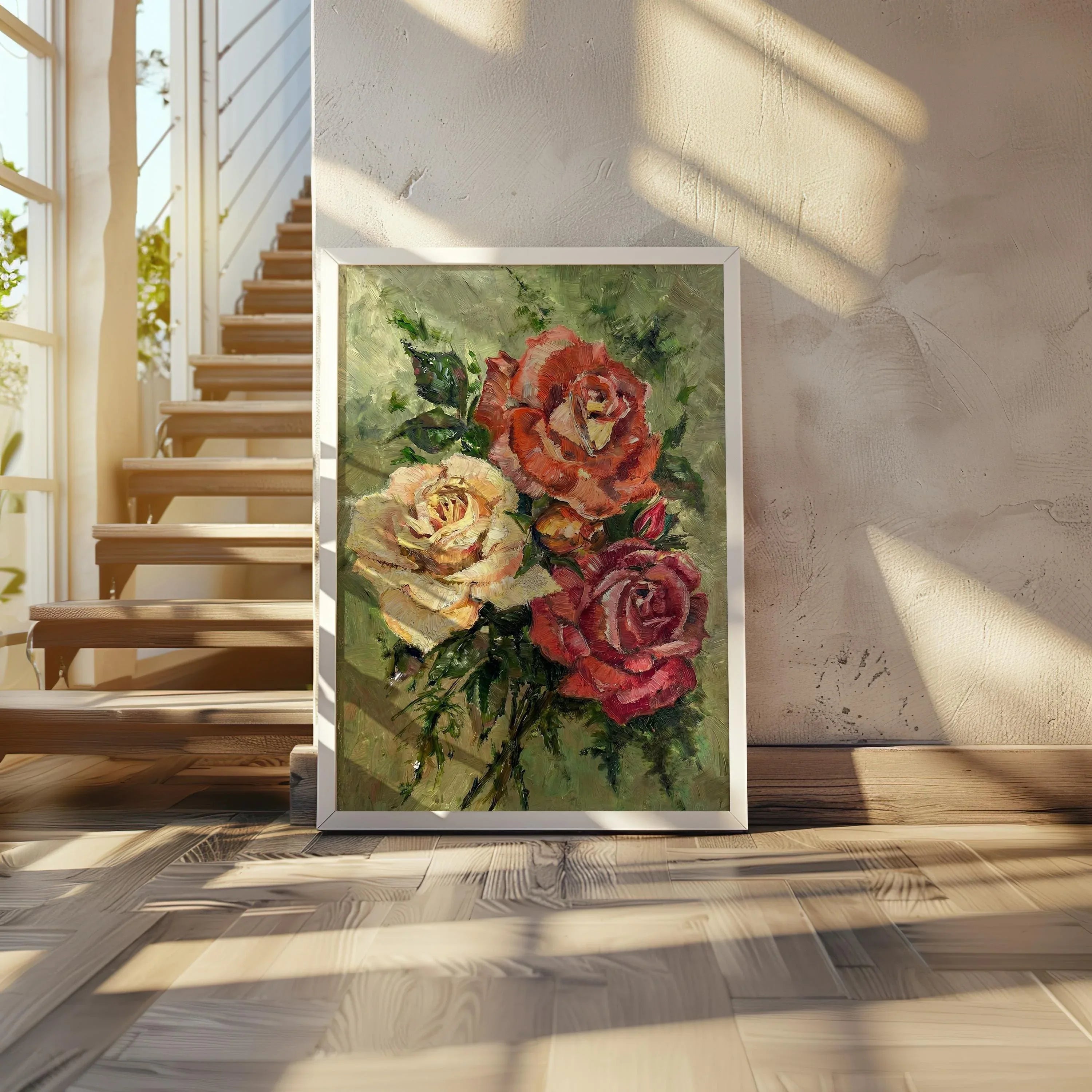 Vintage roses oil painting coral cream floral cottage shabby chic wall art in black frame 12x12 i...