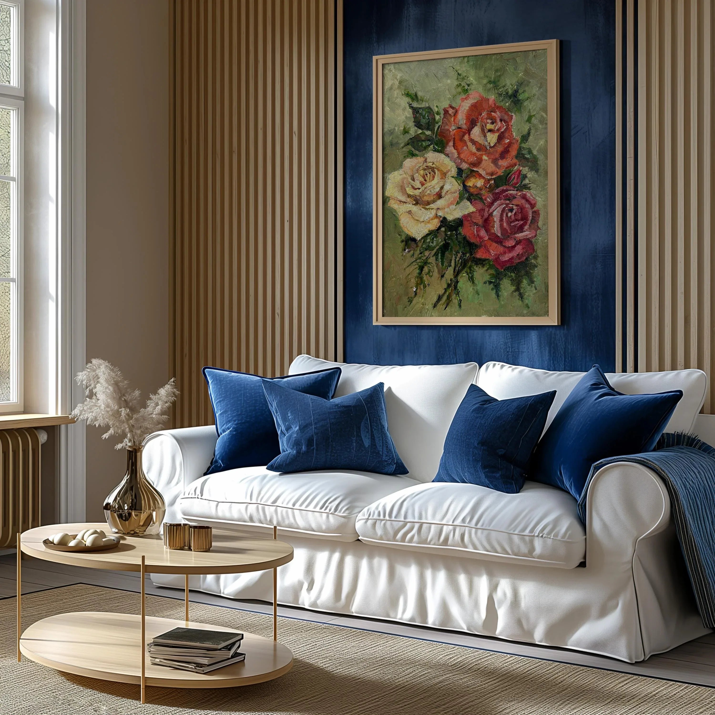 Vintage roses oil painting coral cream floral cottage shabby chic wall art in dark wood frame 12x...