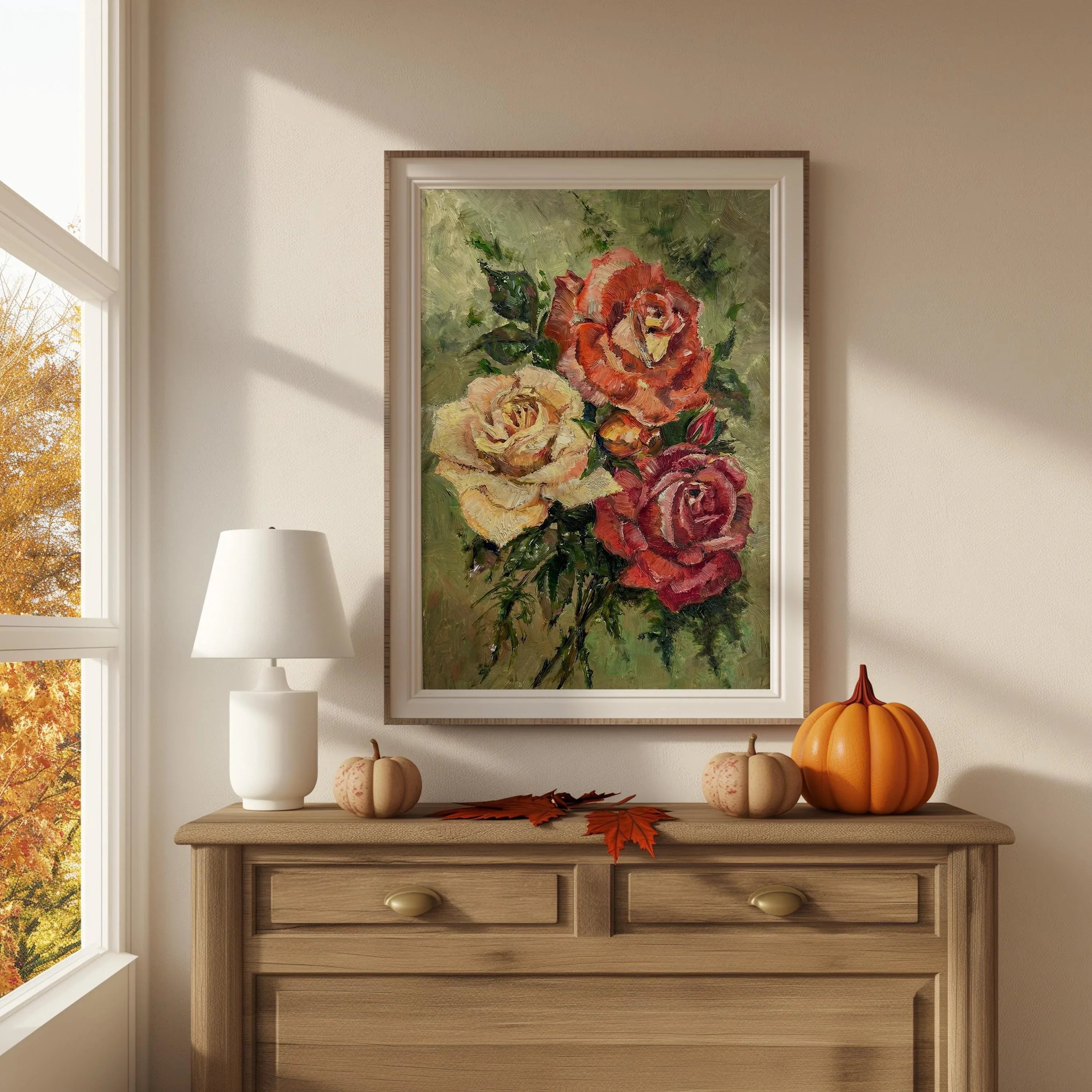 Vintage roses oil painting coral cream floral cottage shabby chic wall art in white frame 12x12 i...