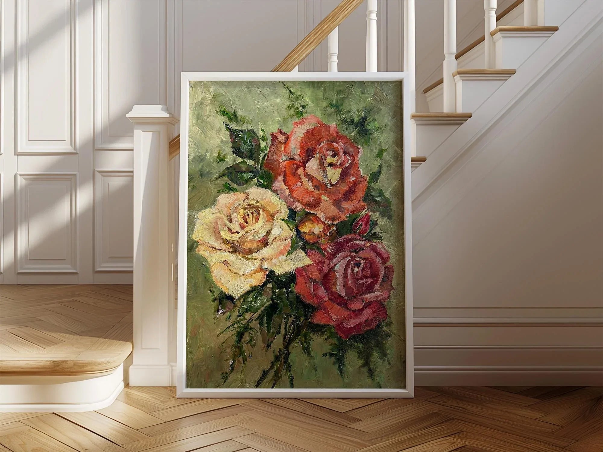 Vintage roses oil painting coral cream floral cottage shabby chic wall art in natural wood frame ...