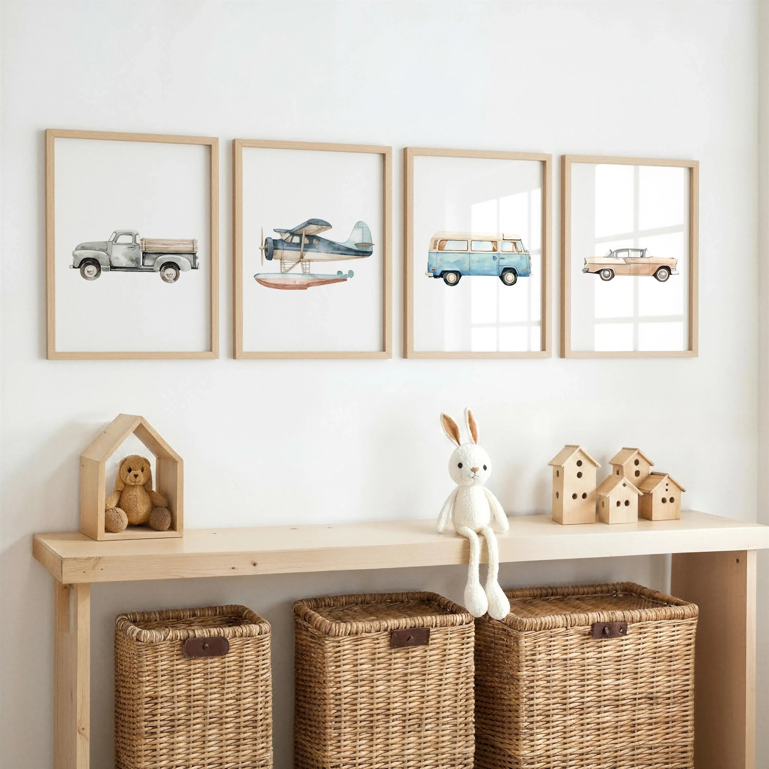 Vintage transport nursery wall art set of 4 airplane car truck baby boy decor in black frame 12x1...