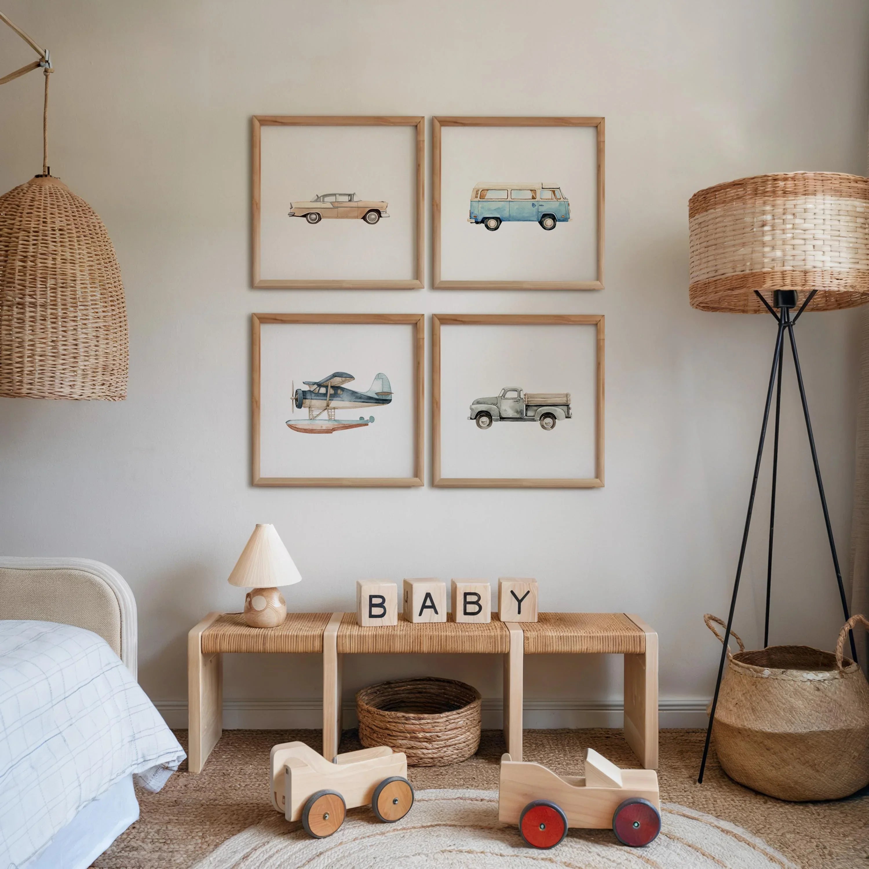 Vintage transport nursery wall art set of 4 airplane car truck baby boy decor in dark wood frame ...