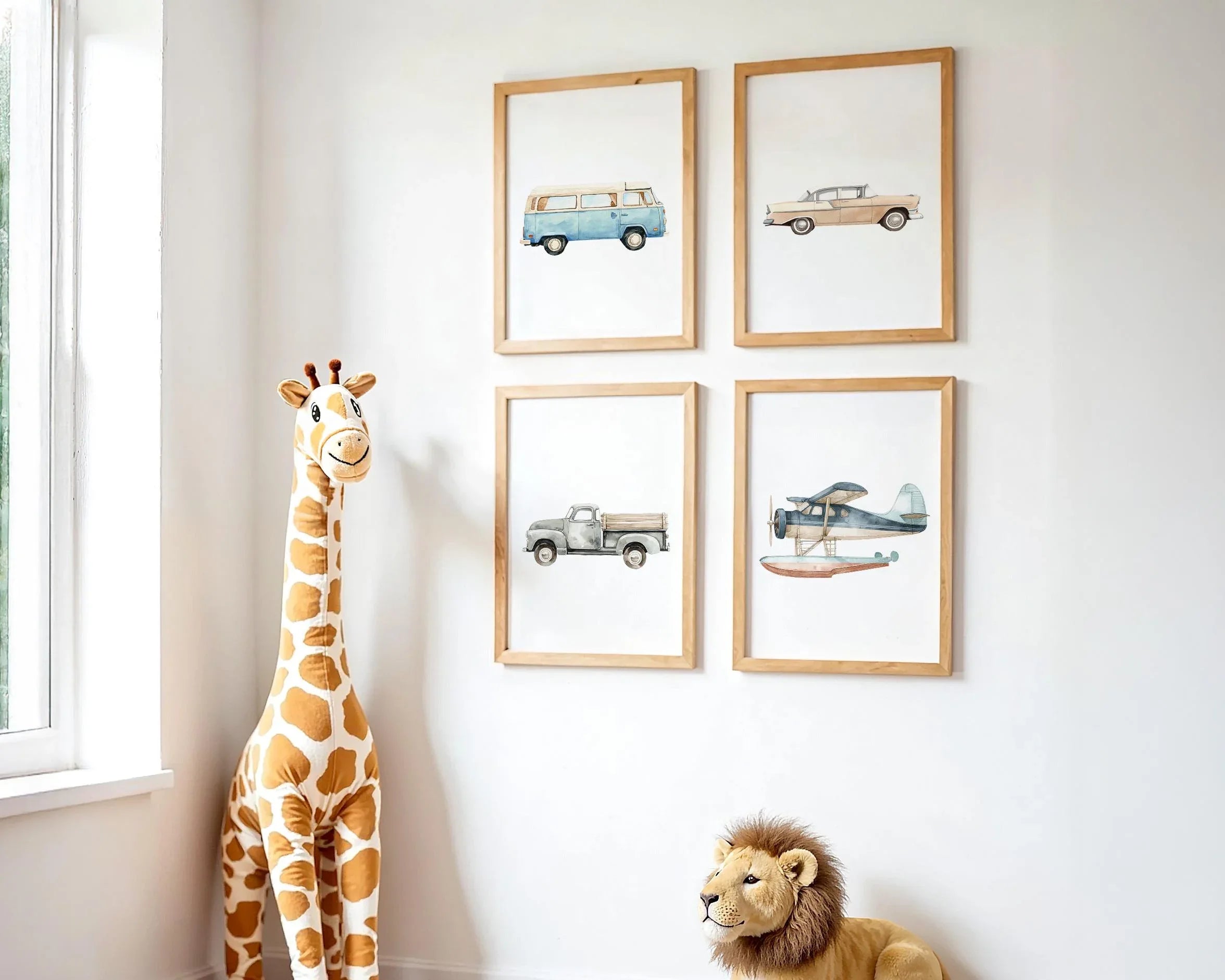 Vintage transport nursery wall art set of 4 airplane car truck baby boy decor unframed 12x12 inch...