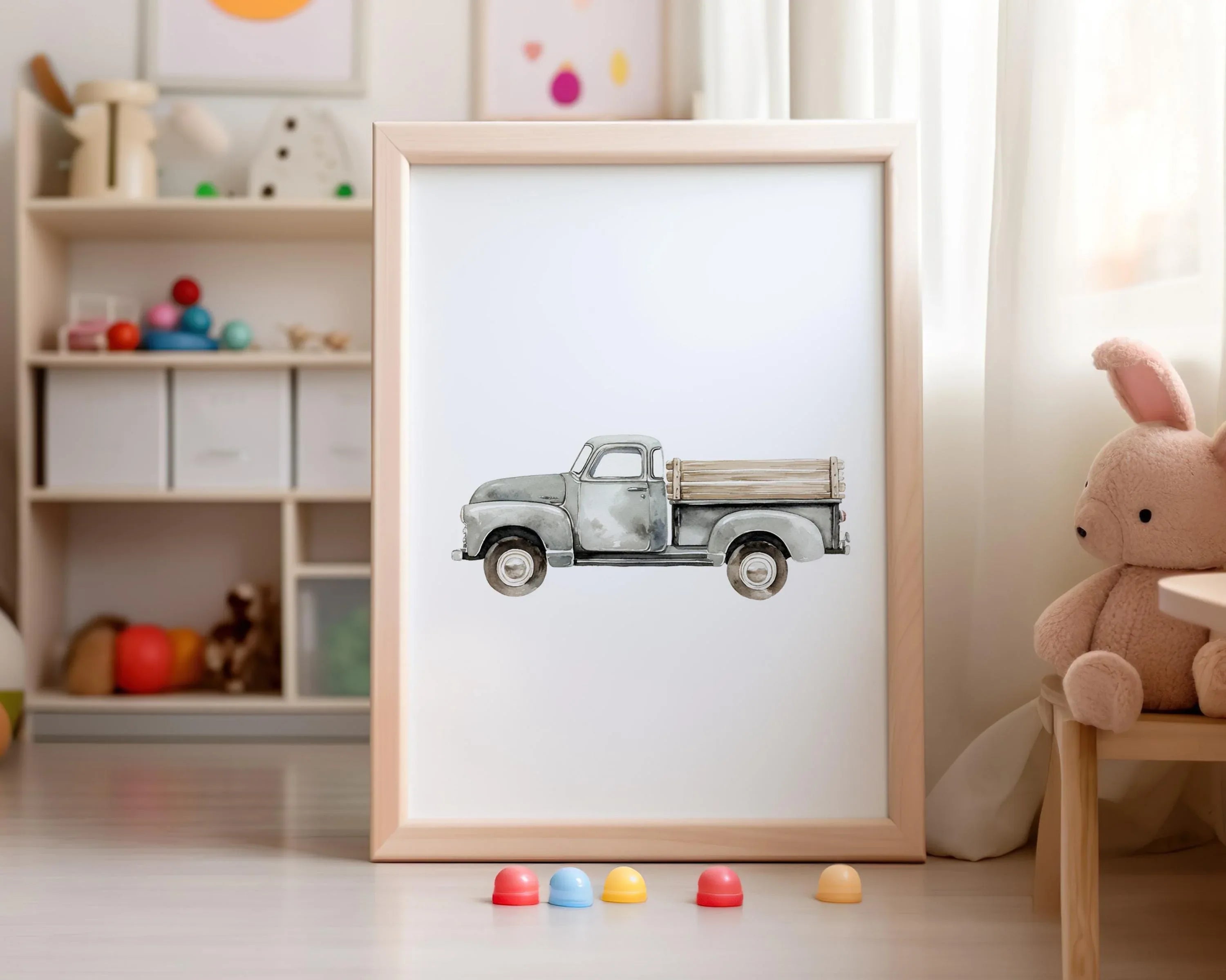 Vintage transport nursery wall art set of 4 airplane car truck baby boy decor in white frame 12x1...