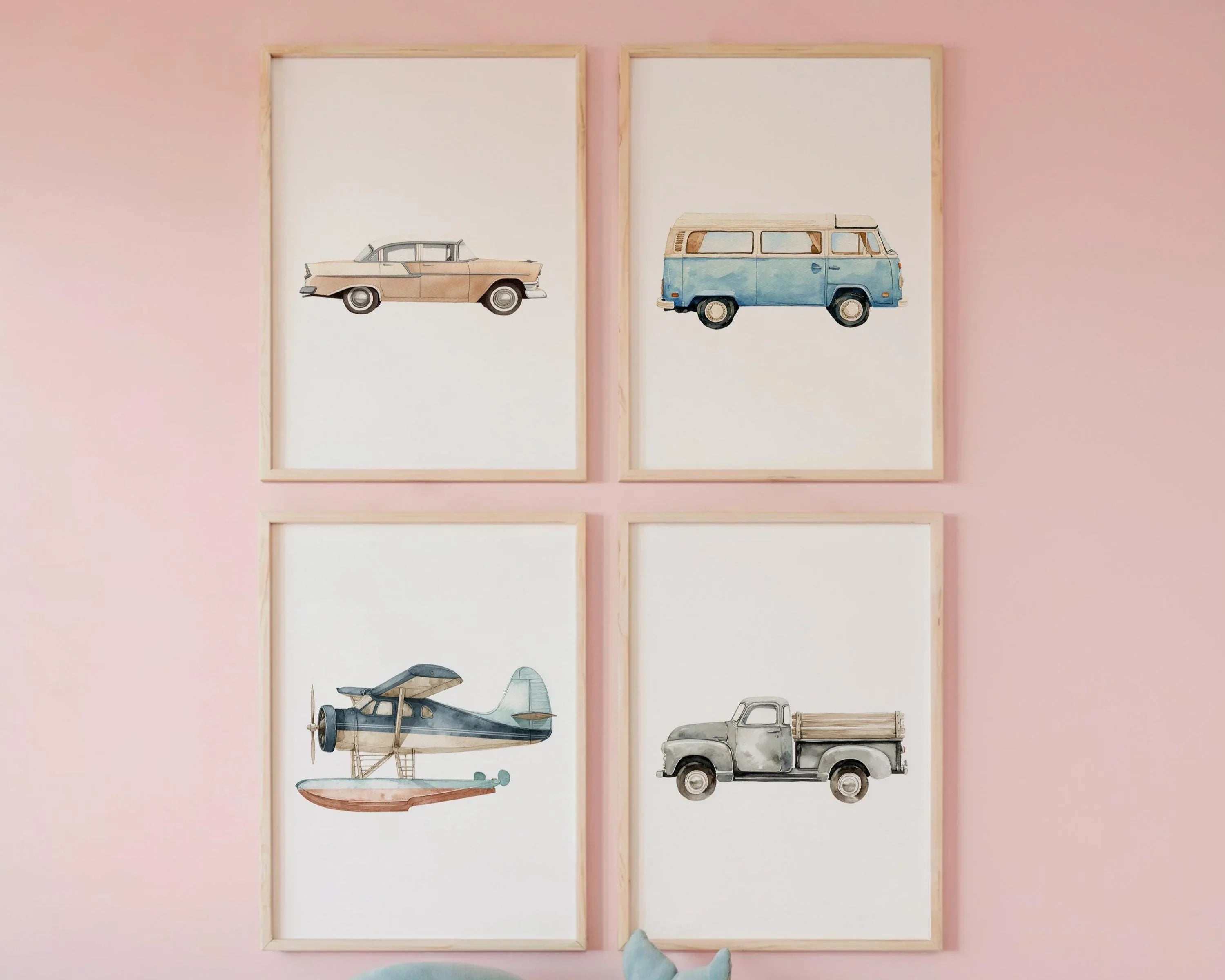Vintage transport nursery wall art set of 4 airplane car truck baby boy decor in natural wood fra...