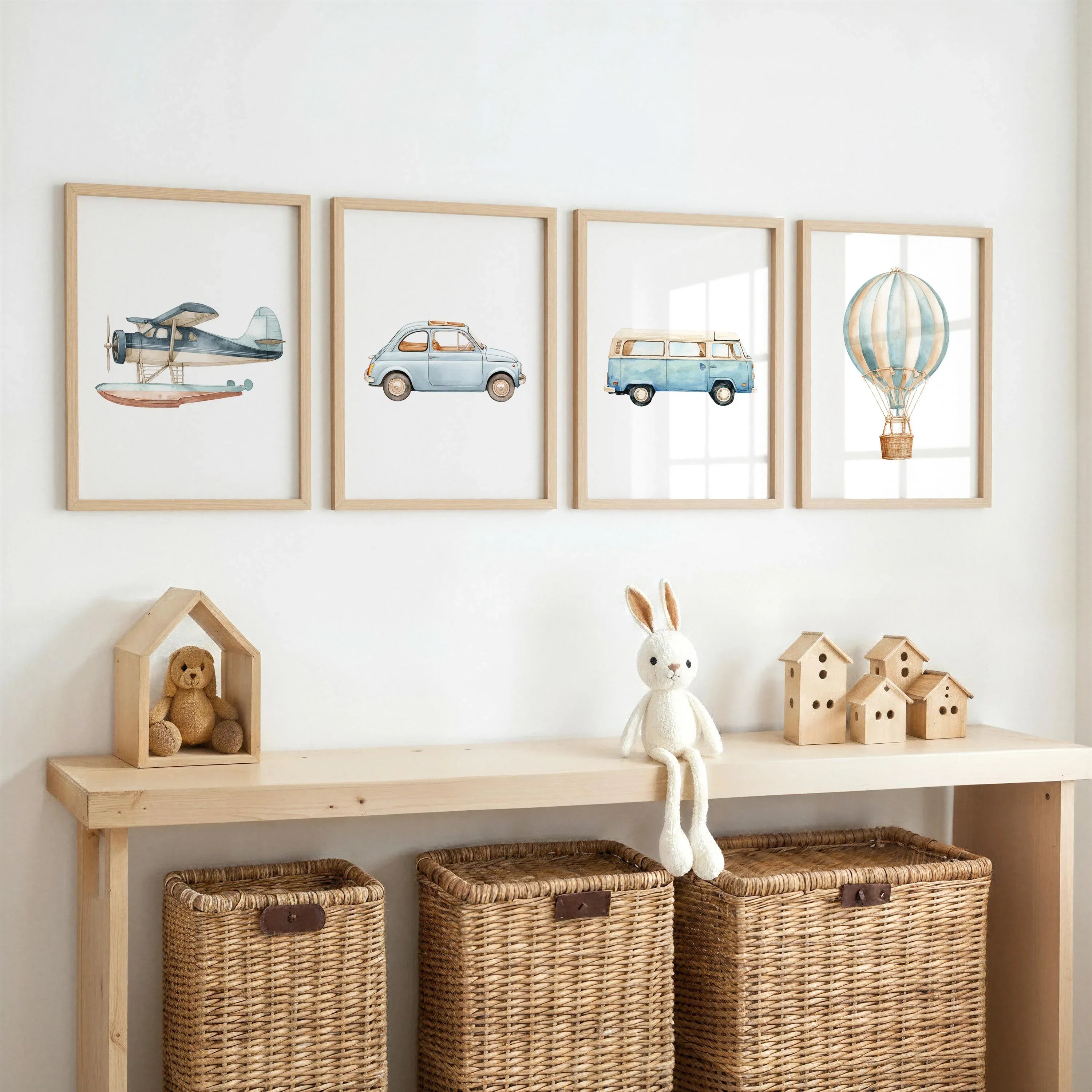 Vintage transport watercolor nursery art balloon van seaplane set of 4 in black frame 12x12 inch ...