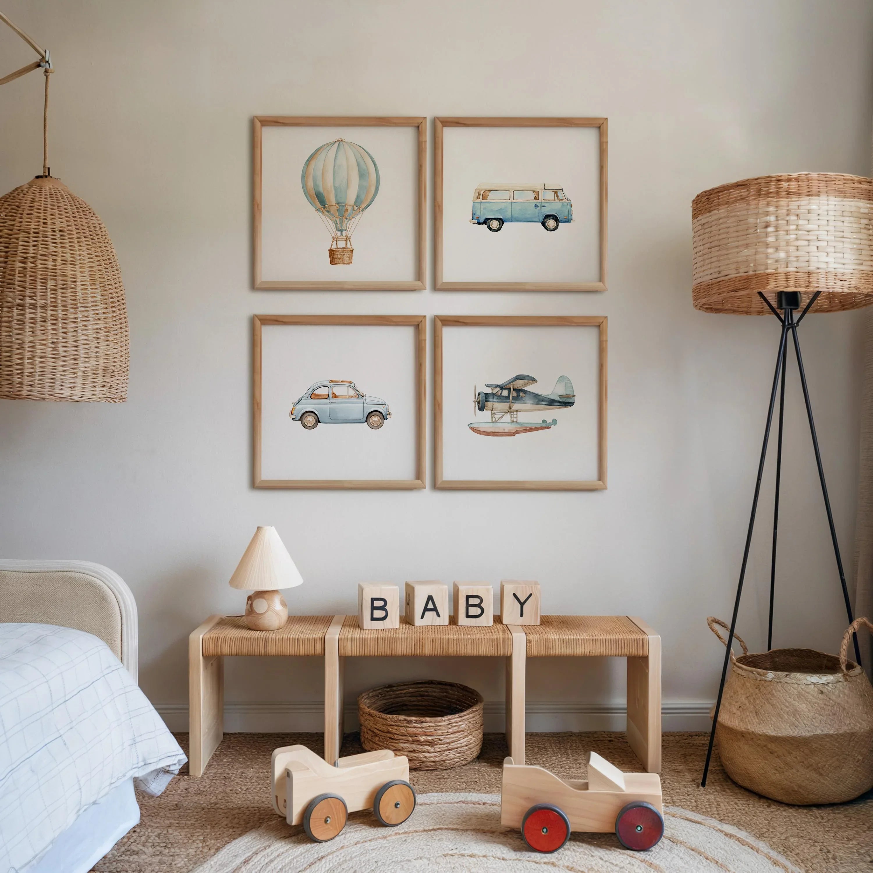 Vintage transport watercolor nursery art balloon van seaplane set of 4 in dark wood frame 12x12 i...
