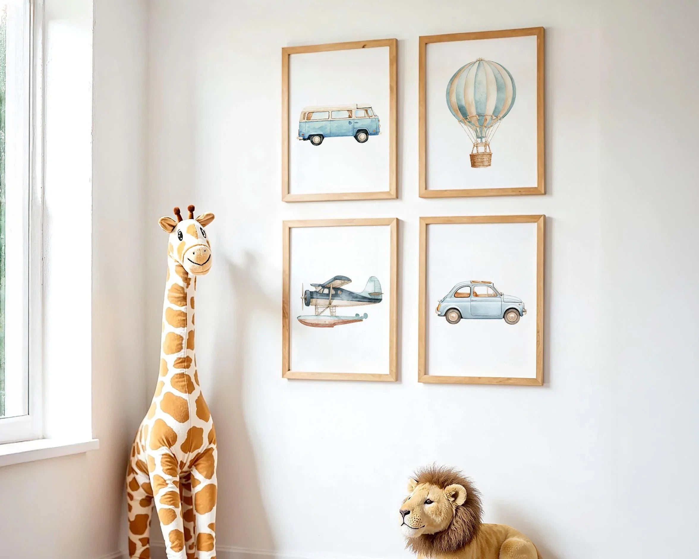 Vintage transport watercolor nursery art balloon van seaplane set of 4 unframed 12x12 inch 30x30 cm