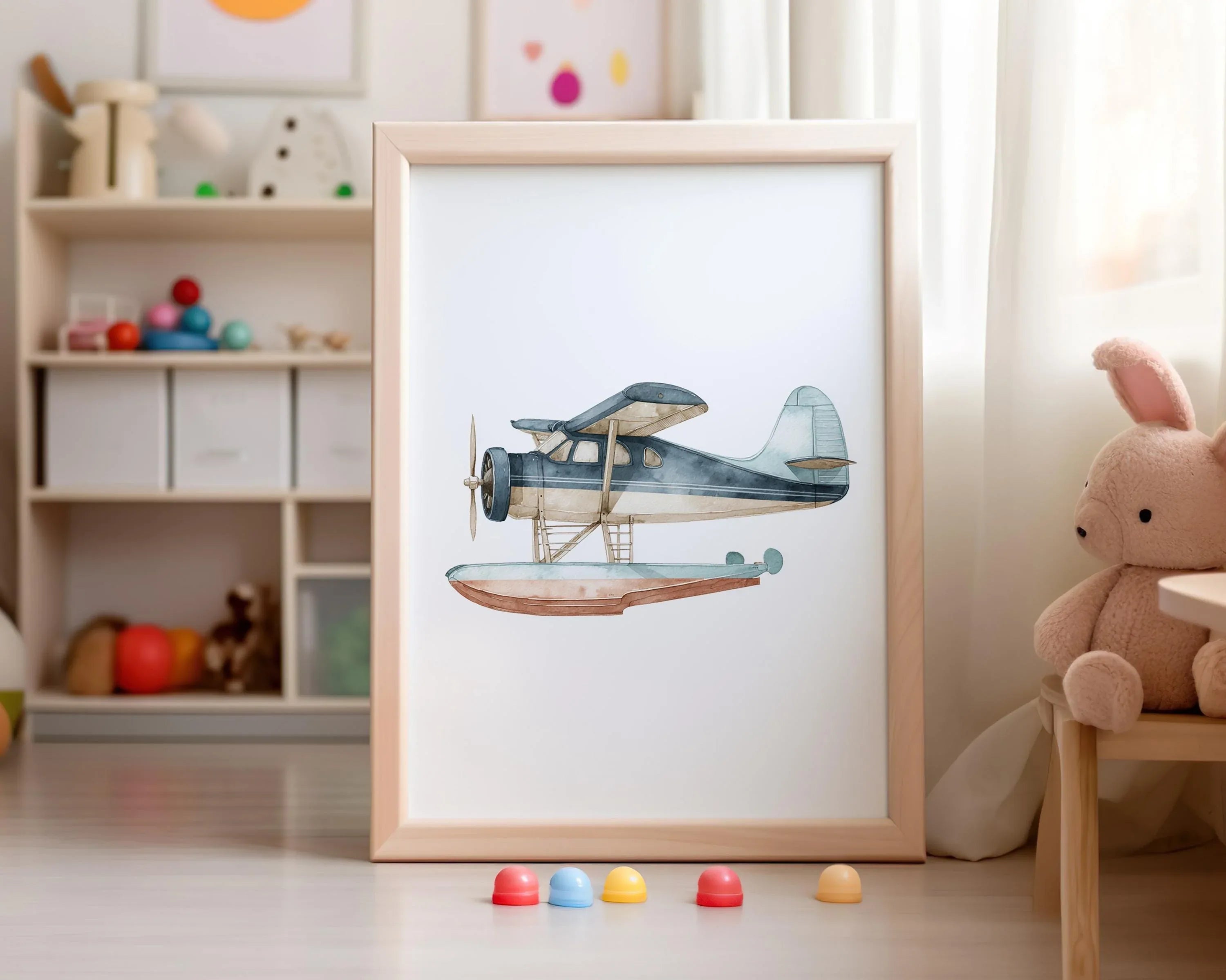 Vintage transport watercolor nursery art balloon van seaplane set of 4 in white frame 12x12 inch ...