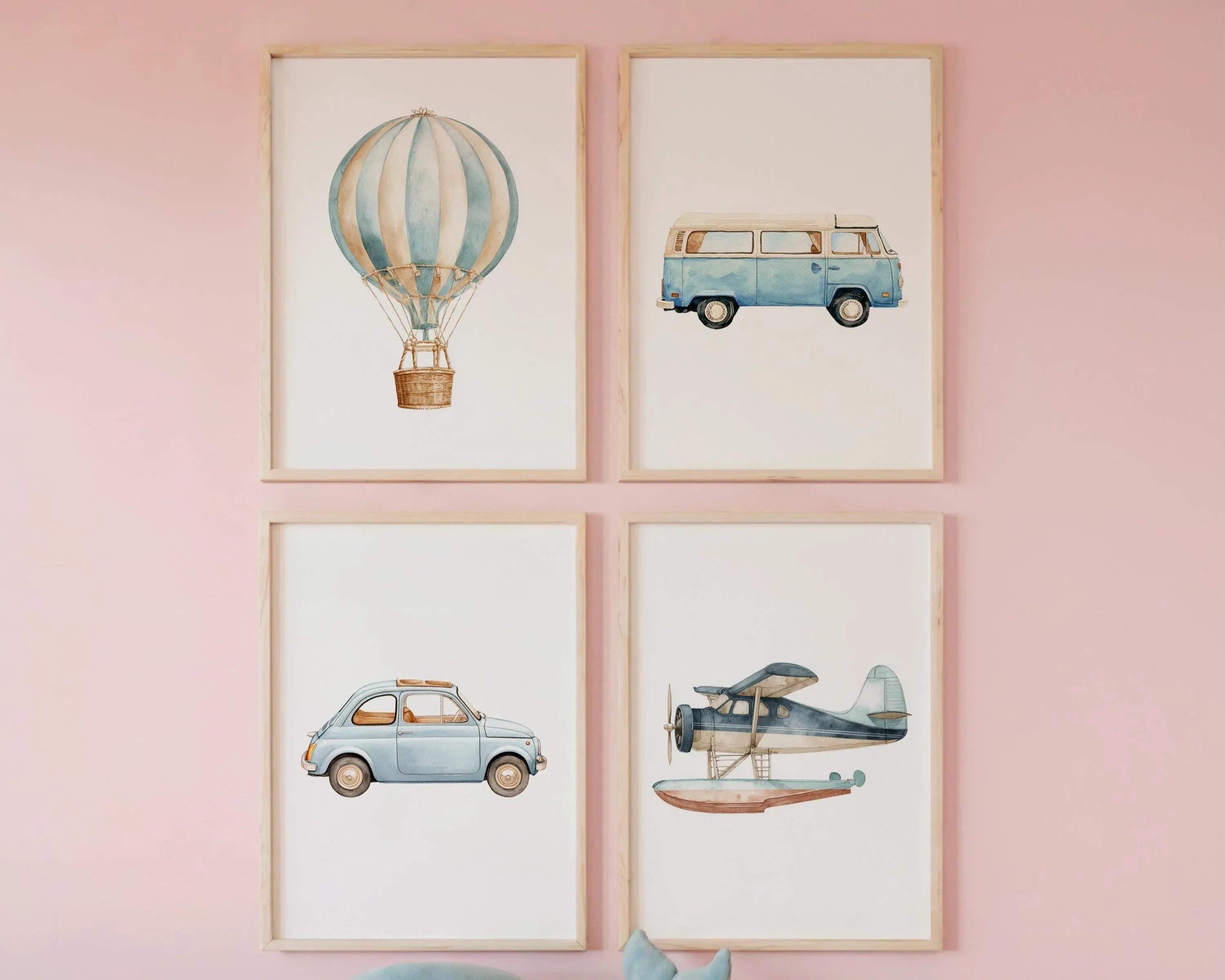 Vintage transport watercolor nursery art balloon van seaplane set of 4 in natural wood frame 12x1...