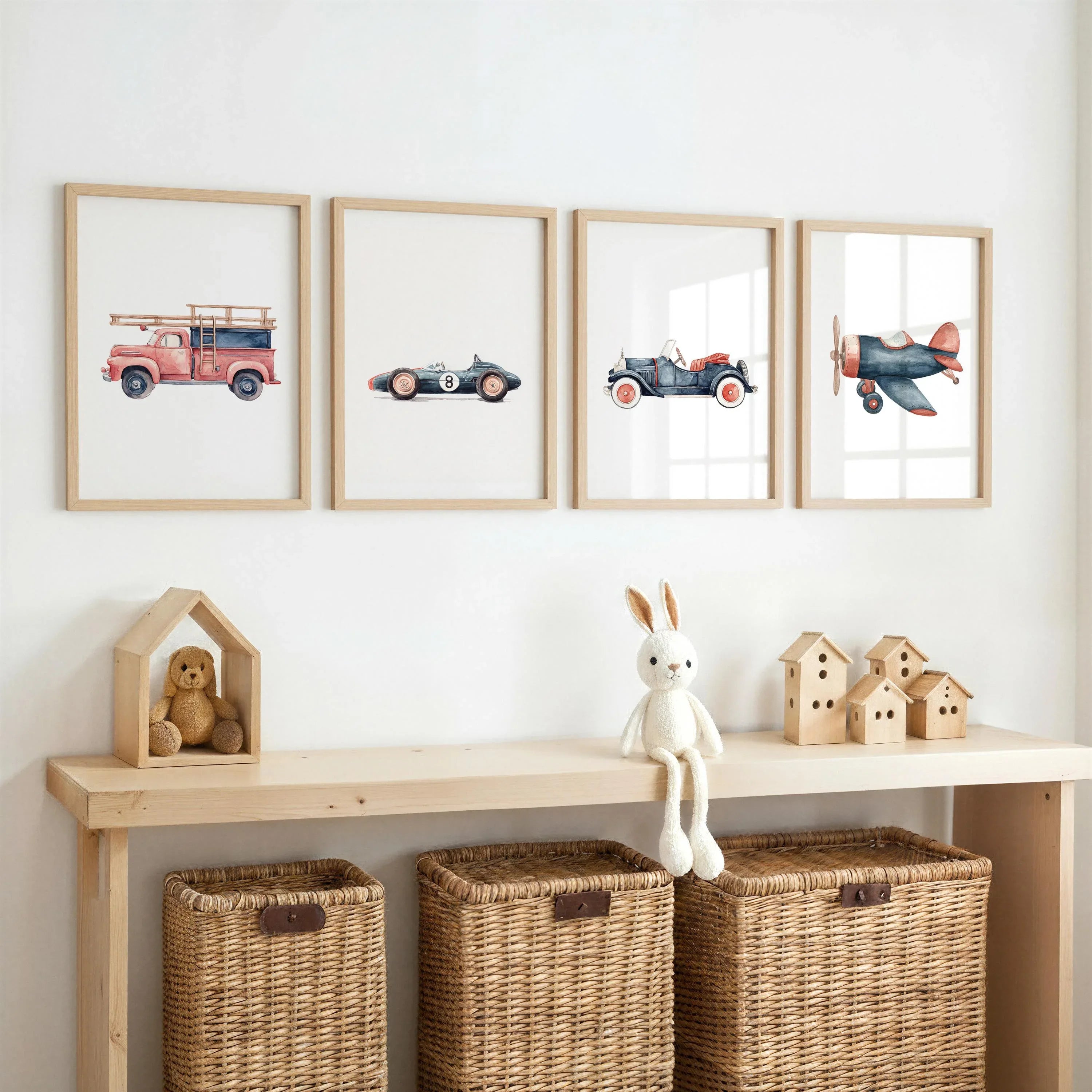 Vintage vehicle watercolor boys nursery decor airplane fire truck set of 4 in dark wood frame 12x...
