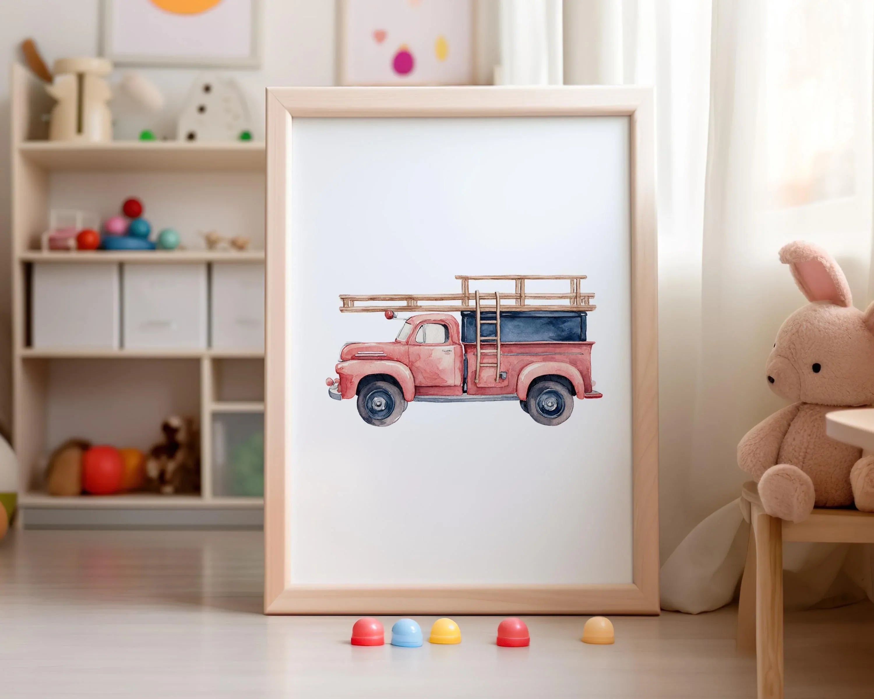 Vintage vehicle watercolor boys nursery decor airplane fire truck set of 4 in white frame 12x12 i...