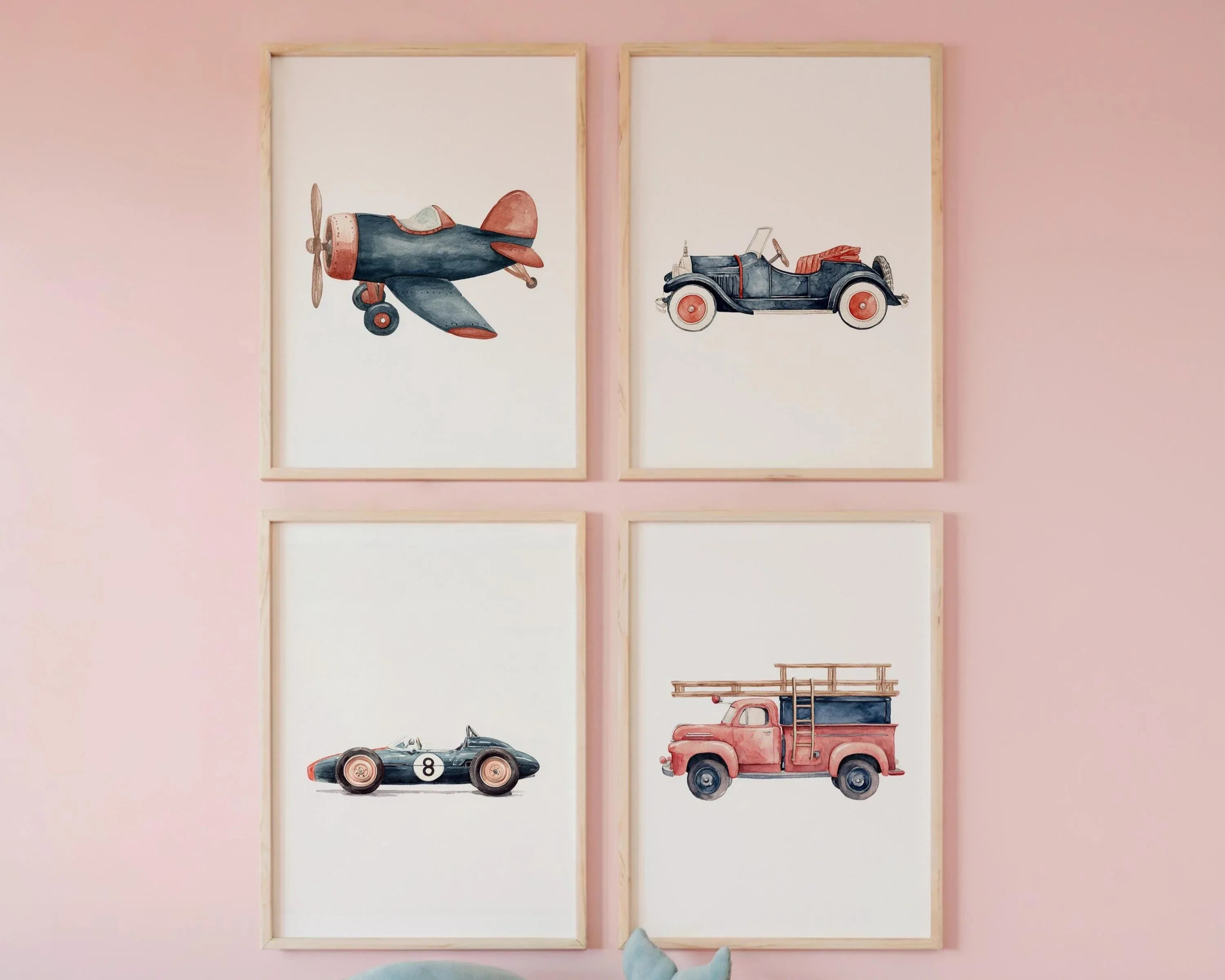 Vintage vehicle watercolor boys nursery decor airplane fire truck set of 4 in natural wood frame ...