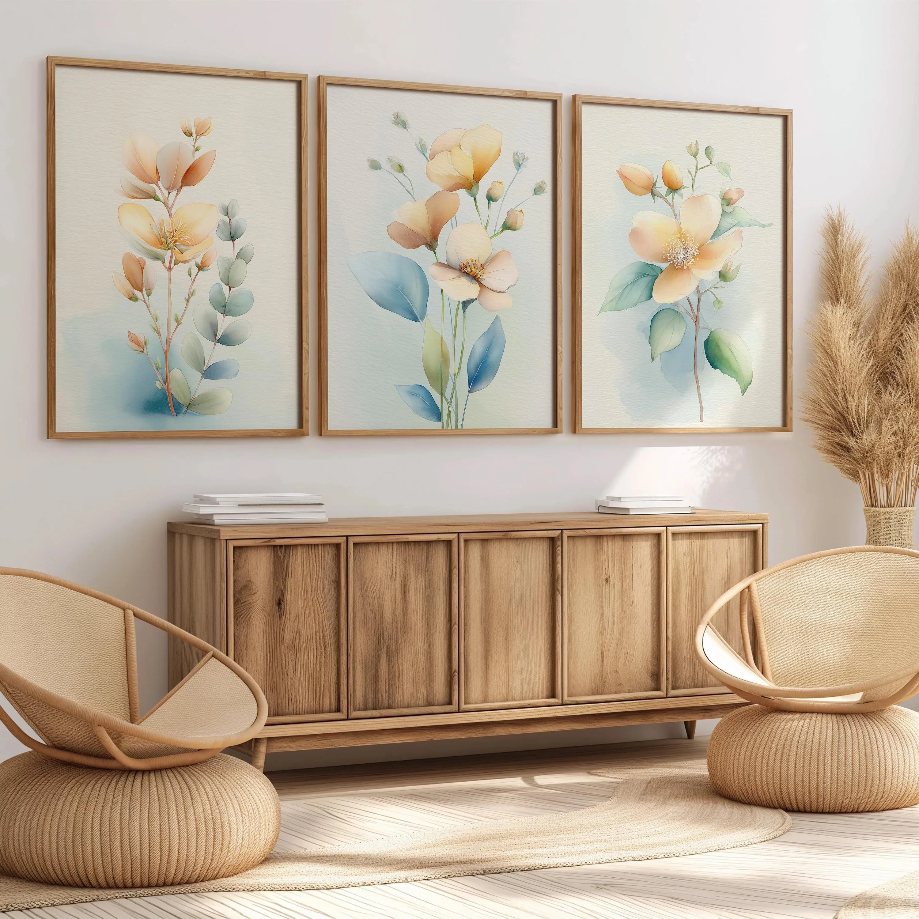 Soft peach flowers eucalyptus watercolor botanical minimalist wall art set in black frame 12x12 i...