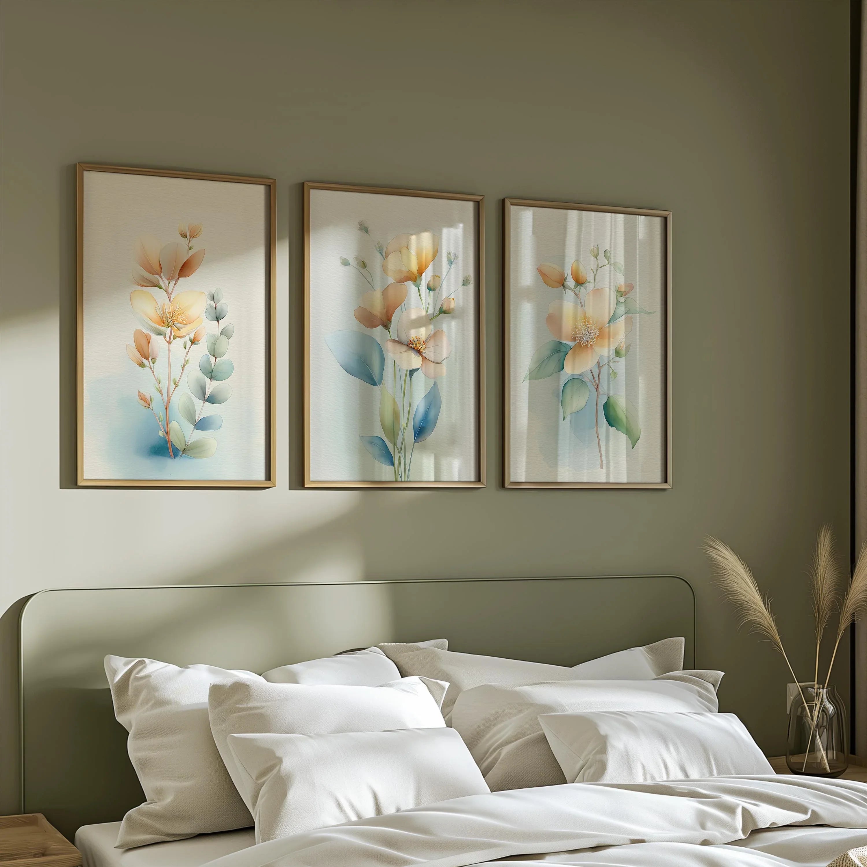 Soft peach flowers eucalyptus watercolor botanical minimalist wall art set in dark wood frame 12x...