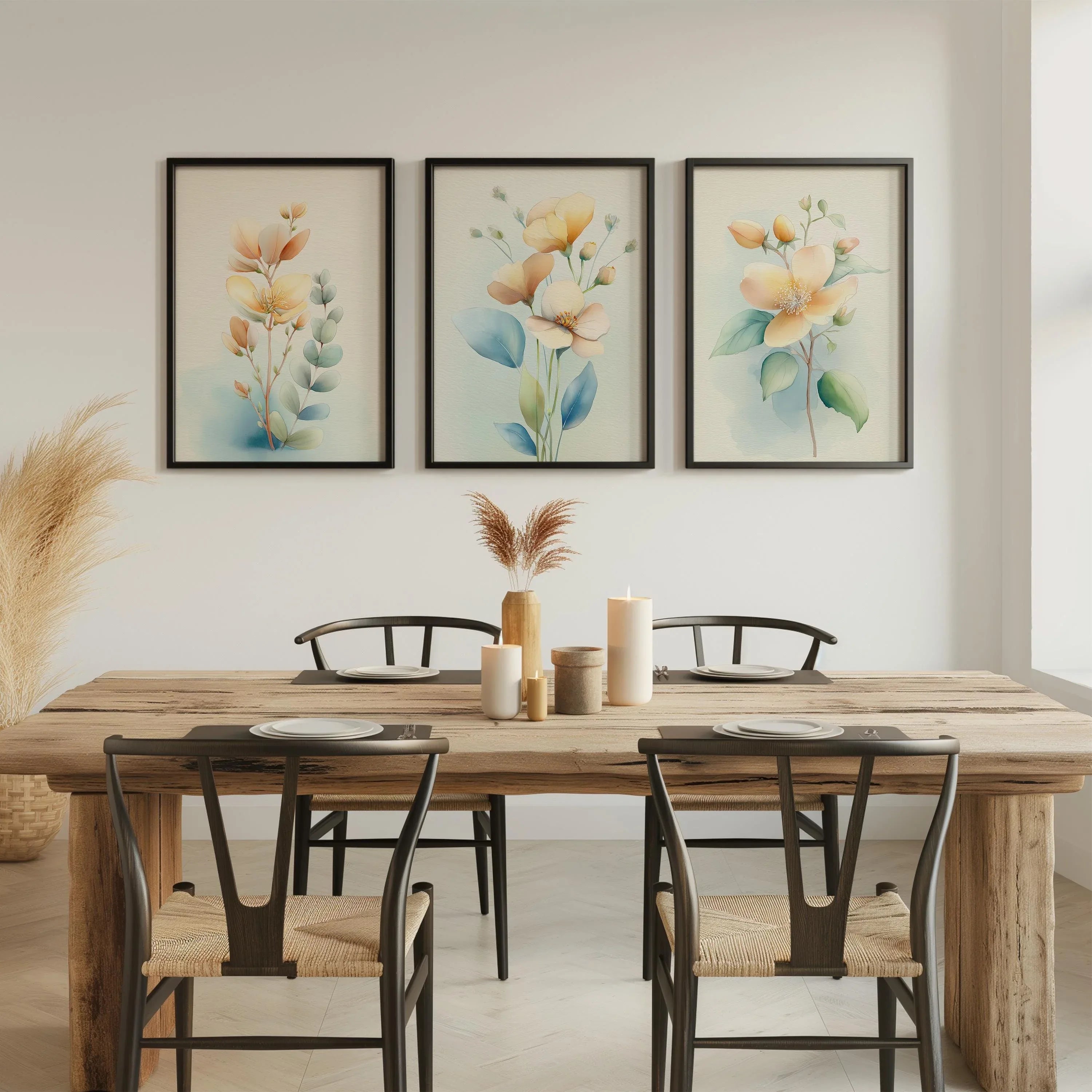 Soft peach flowers eucalyptus watercolor botanical minimalist wall art set unframed 12x12 inch 30...