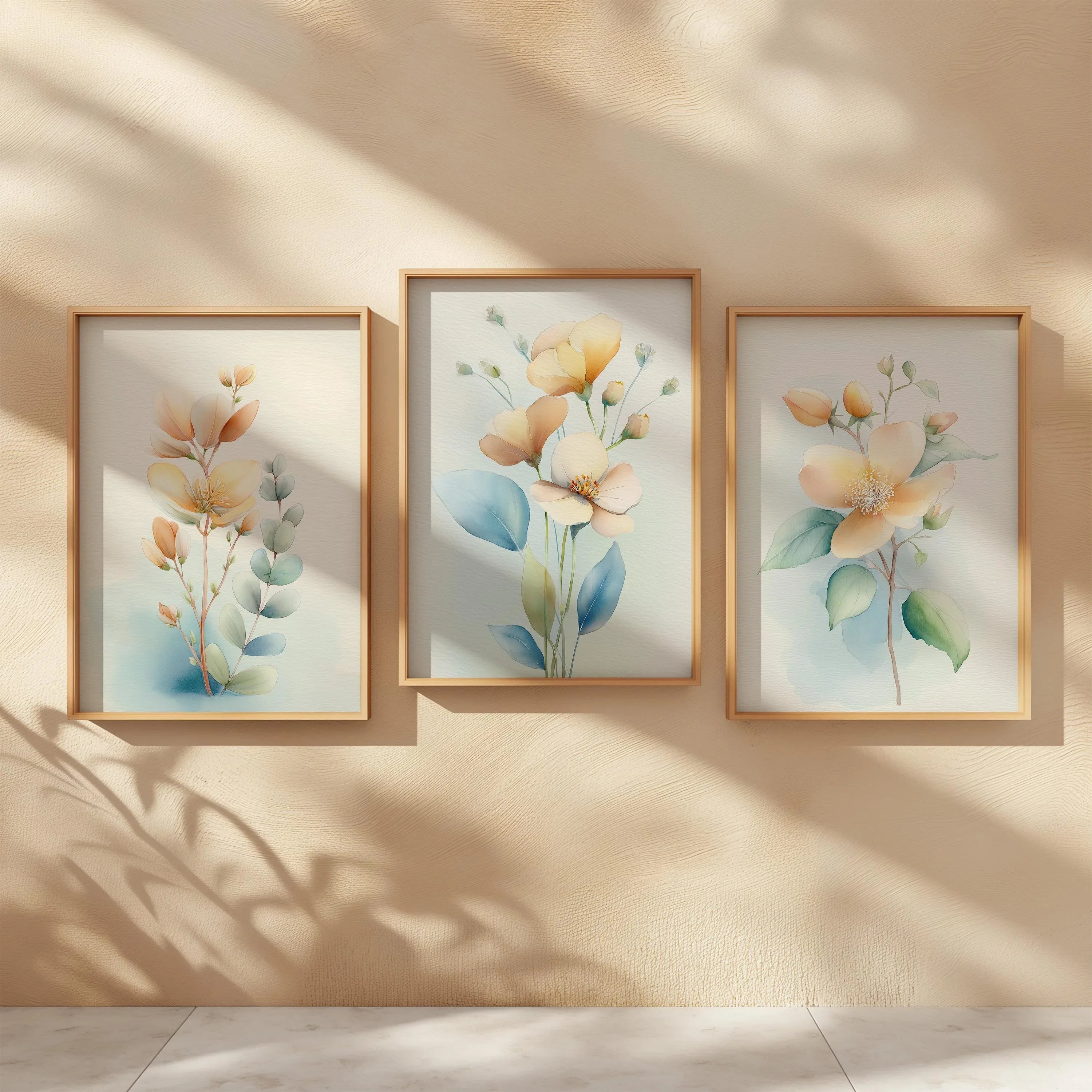 Soft peach flowers eucalyptus watercolor botanical minimalist wall art set in white frame 12x12 i...