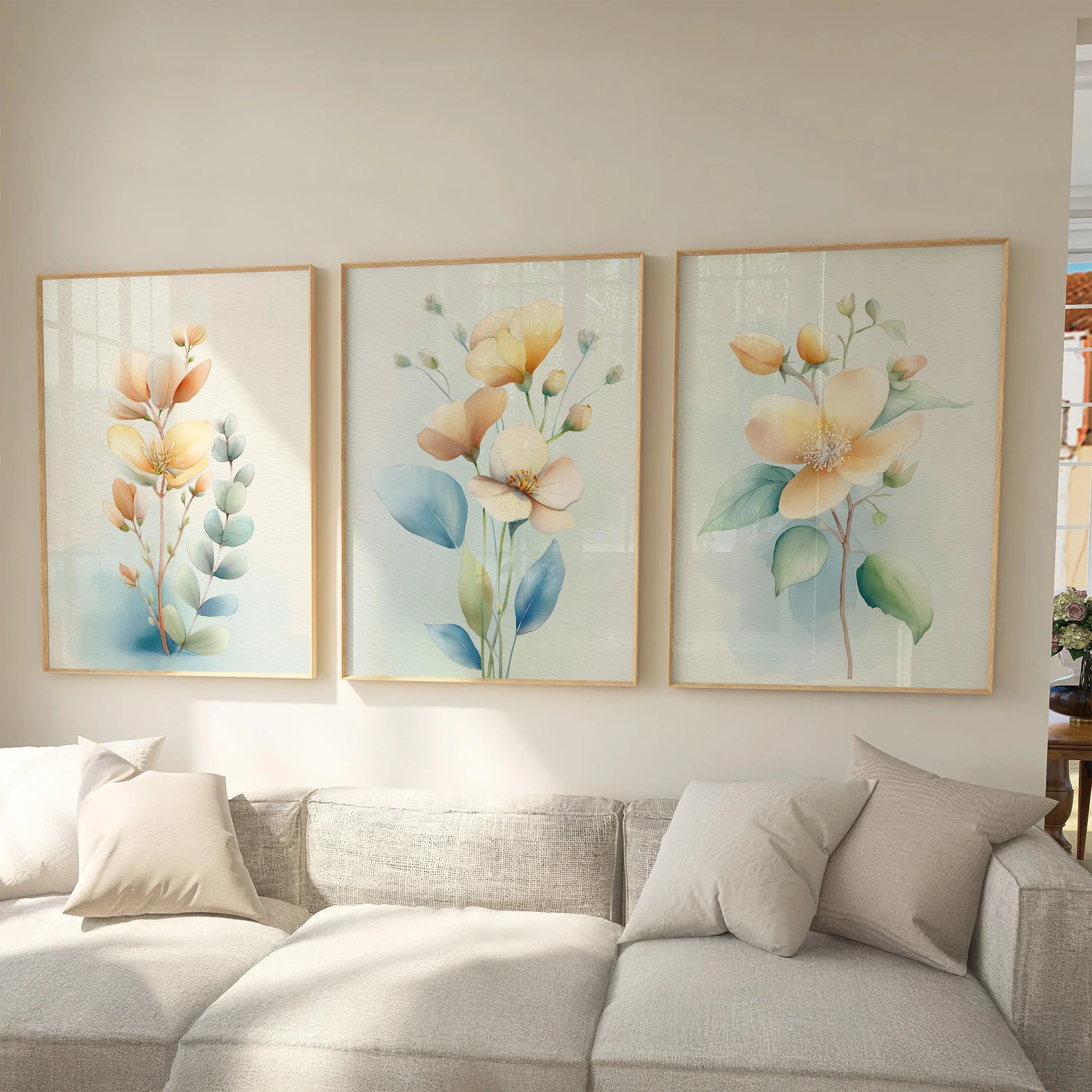 Soft peach flowers eucalyptus watercolor botanical minimalist wall art set in natural wood frame ...