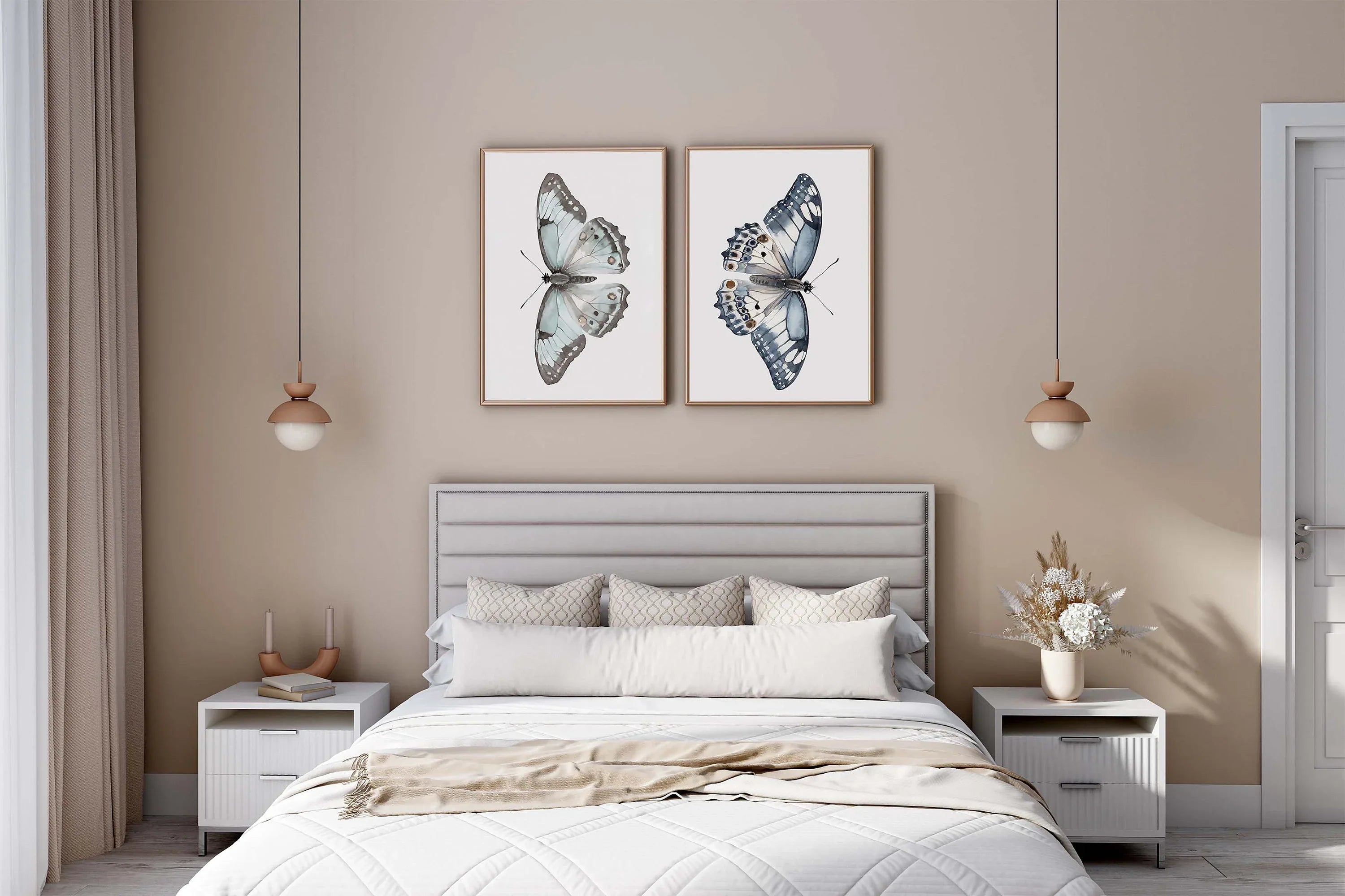 Watercolor butterflies handpainted wall art set of 2 for bedroom living room in black frame 12x12...