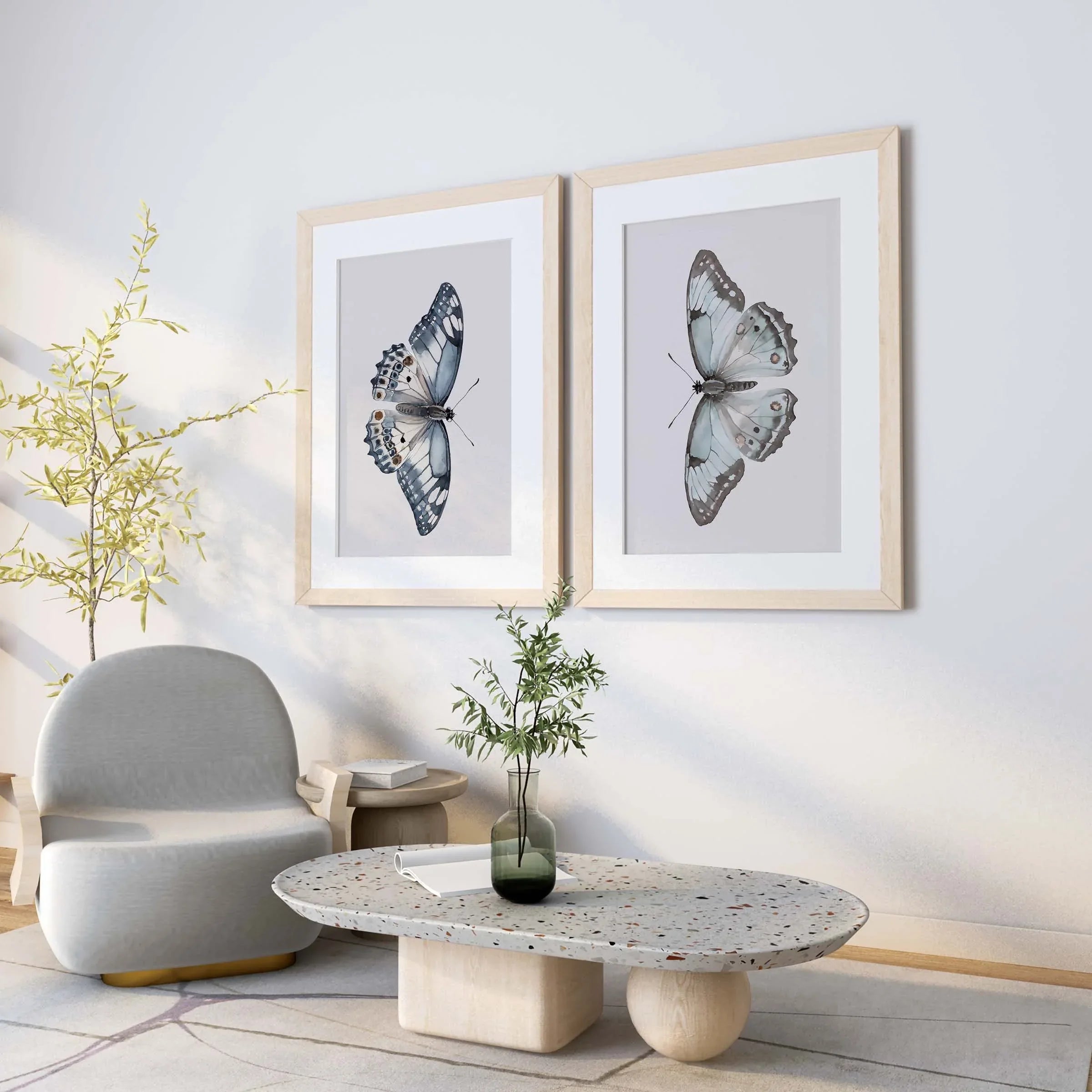 Watercolor butterflies handpainted wall art set of 2 for bedroom living room in black frame 12x18...