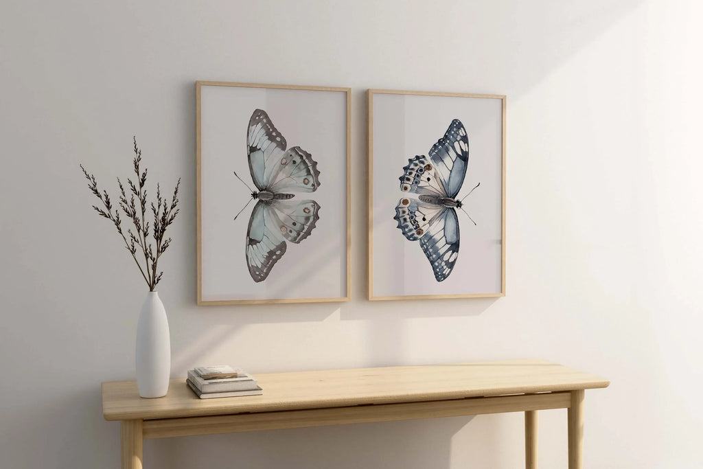 Watercolor butterflies handpainted wall art set of 2 for bedroom living room in natural wood fram...
