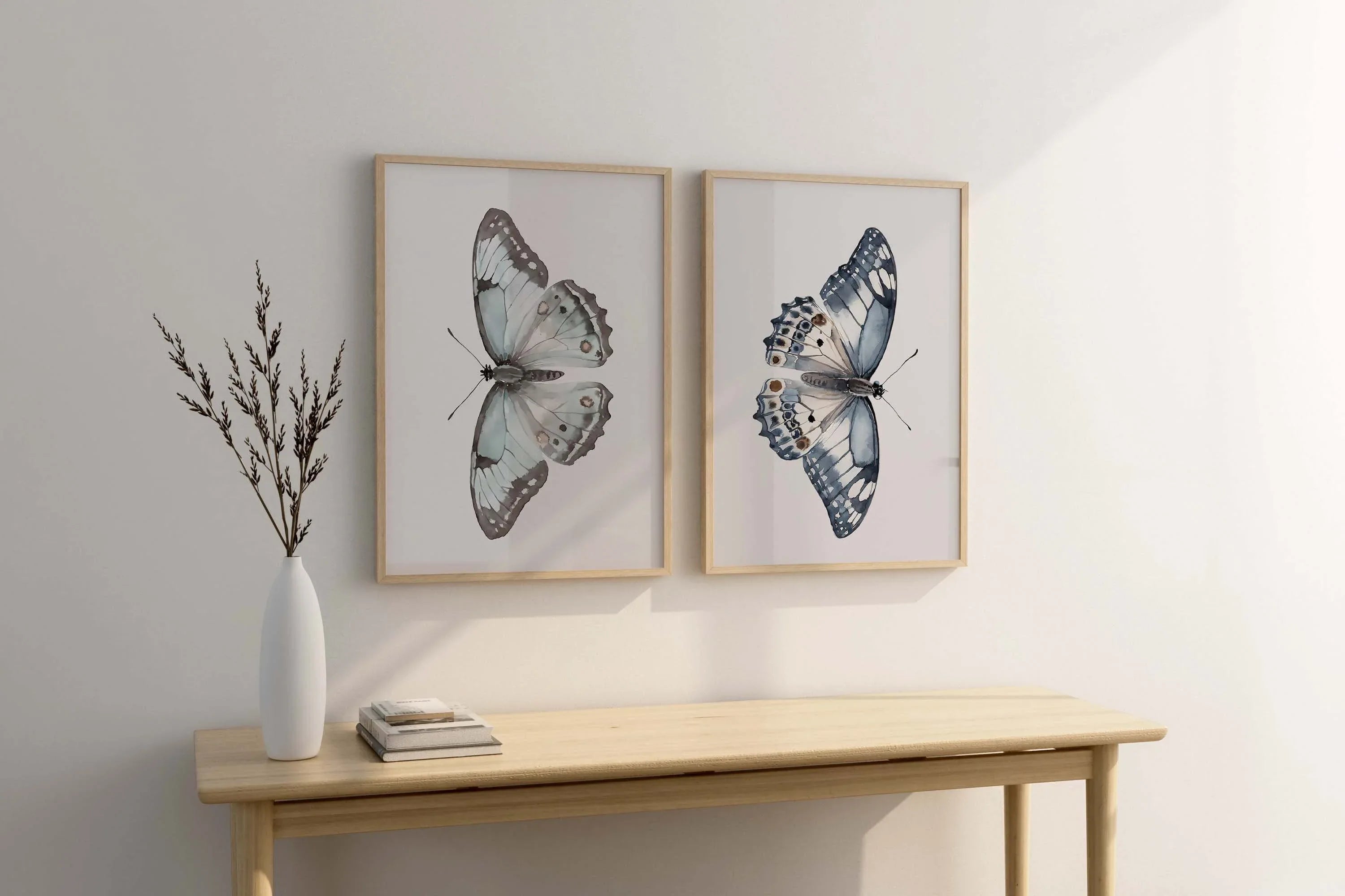 Watercolor butterflies handpainted wall art set of 2 for bedroom living room in natural wood fram...